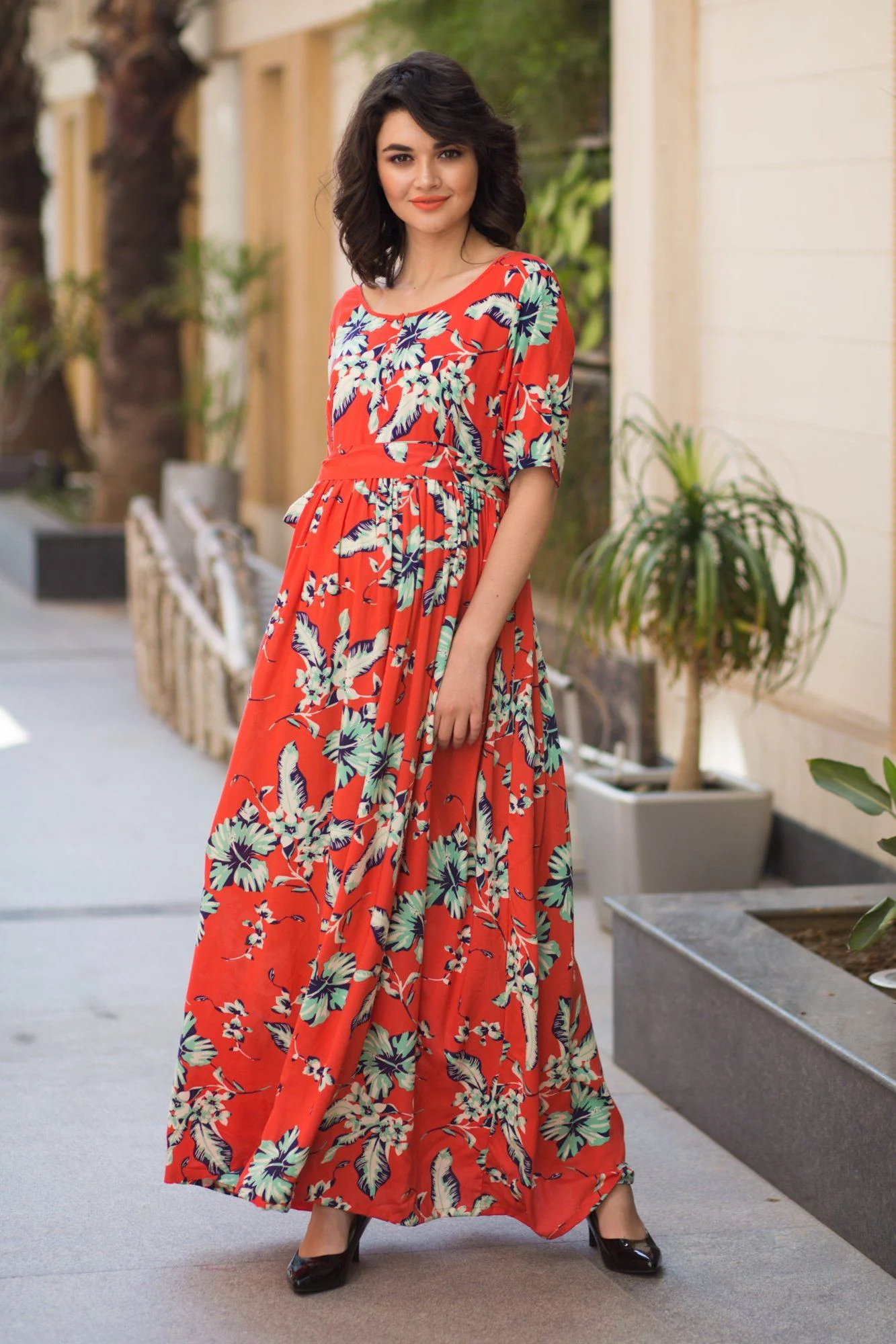 Orange Splash Floral Maternity & Nursing Dress - Chenance