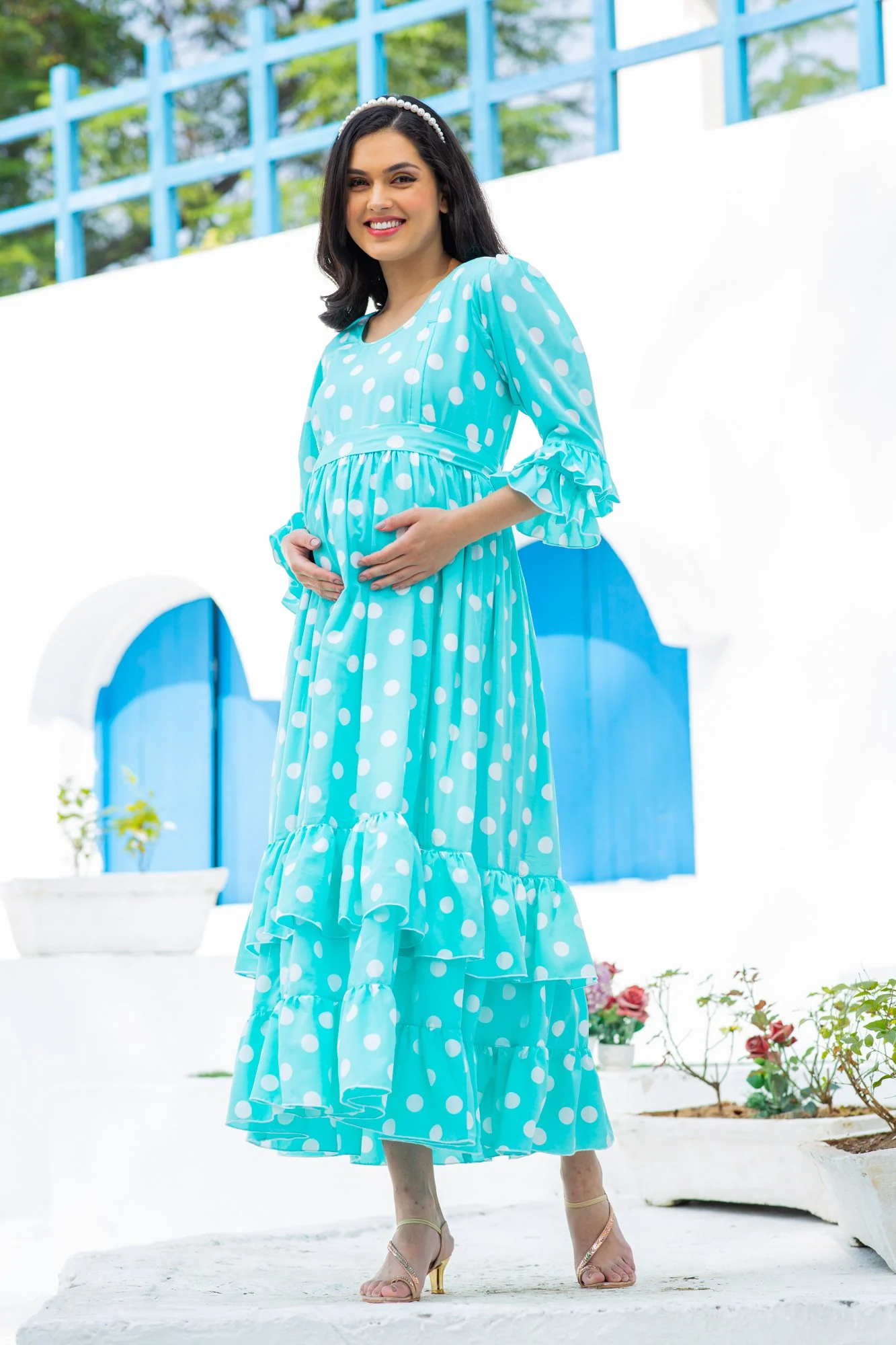 Classic Turquoise Polka Maternity & Nursing Frill Dress - Chenance