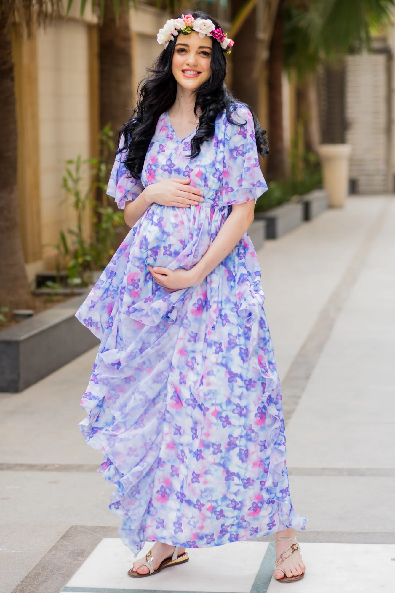 Purple Pink Butterfly Cascading Maternity Flow Dress - Chenance