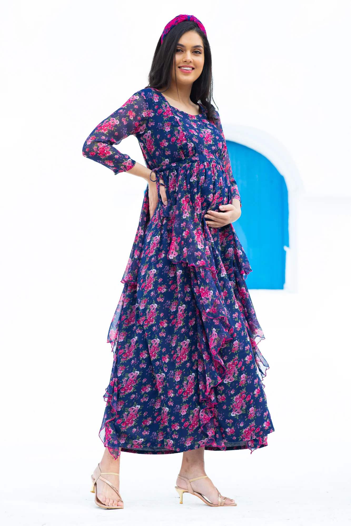 Midnight Bloom Maternity & Nursing Flow Dress - Chenance