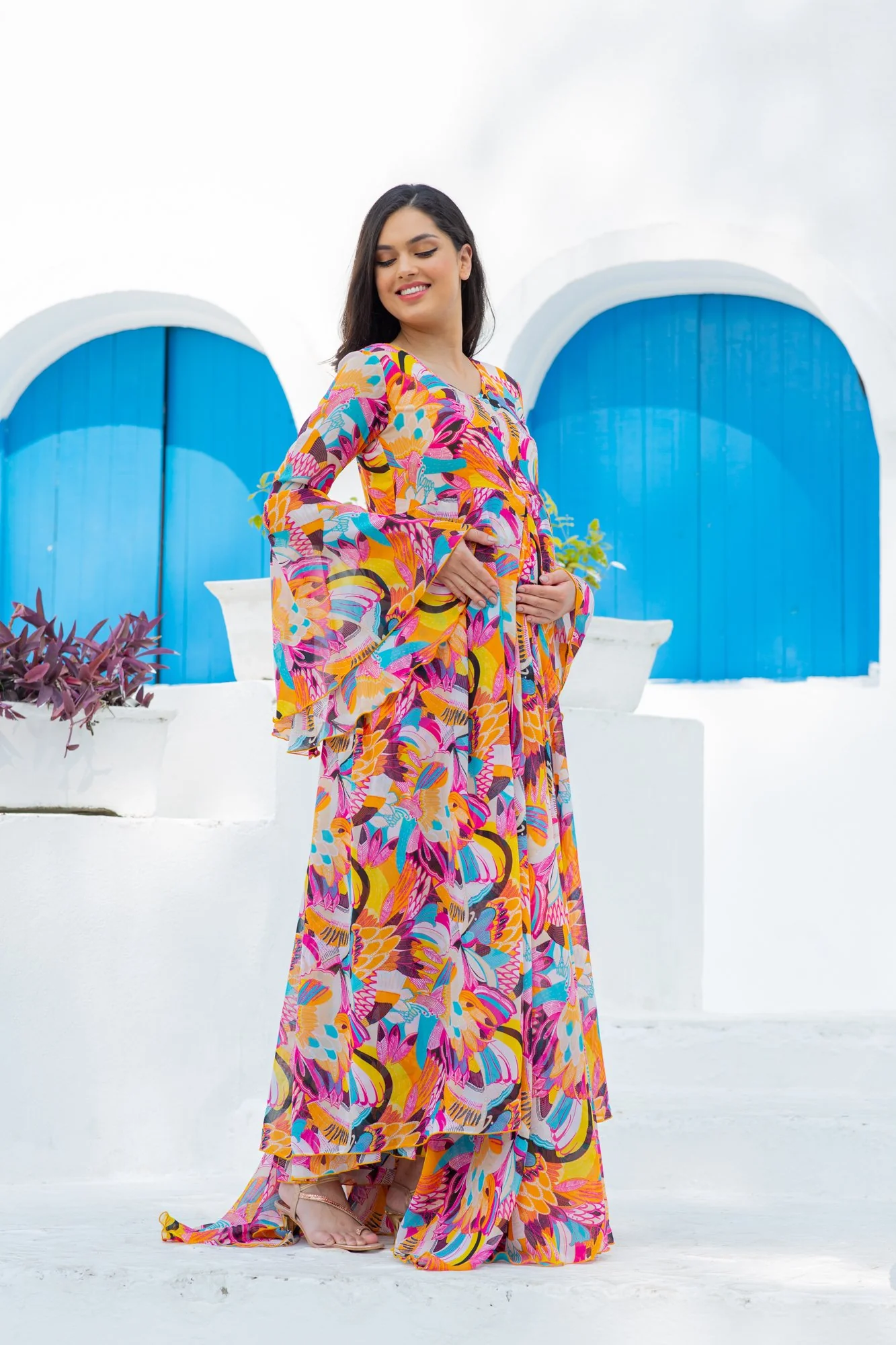 Vibrant Boho Maternity & Nursing Flair Concealed Zip Dress - Chenance