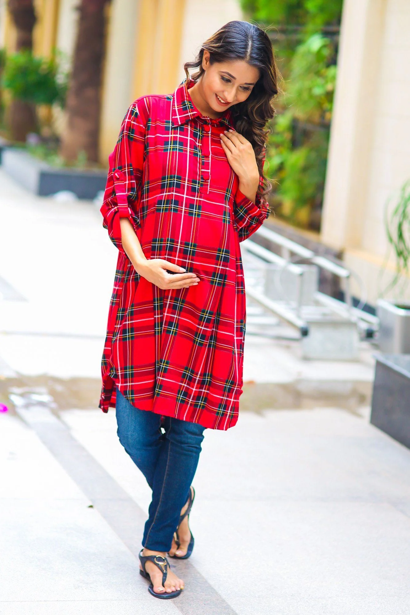 Red Plaid Versatile Maternity & Nursing Shirt Dress - Chenance