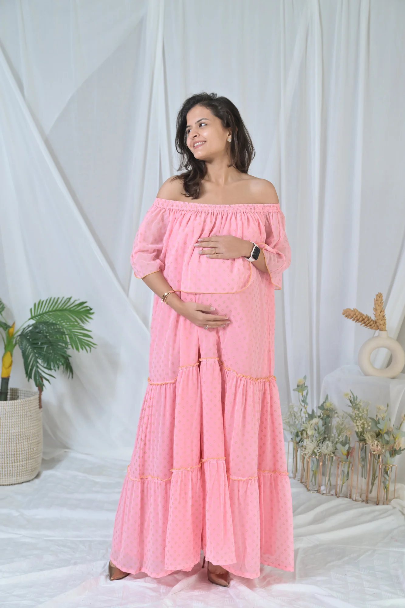 Elegant Peach Love Off-Shoulder Maternity Maxi Dress - Chenance