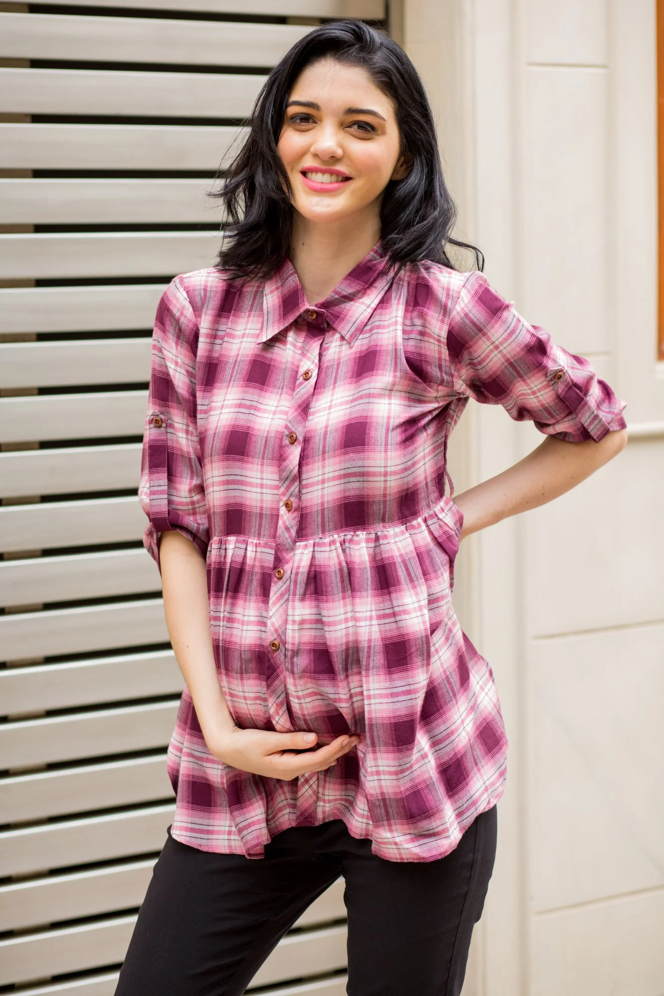 Peach Gathered Viscose Maternity & Nursing Shirt - Chenance