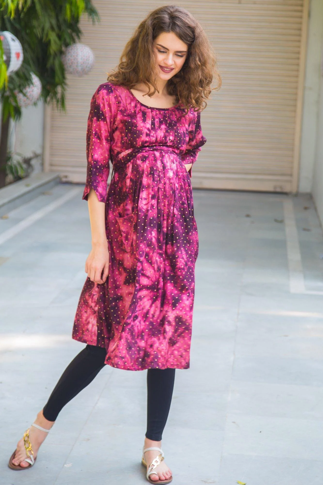 Plum Foil Print Pintucks Maternity & Nursing Kurta Dress - Chenance