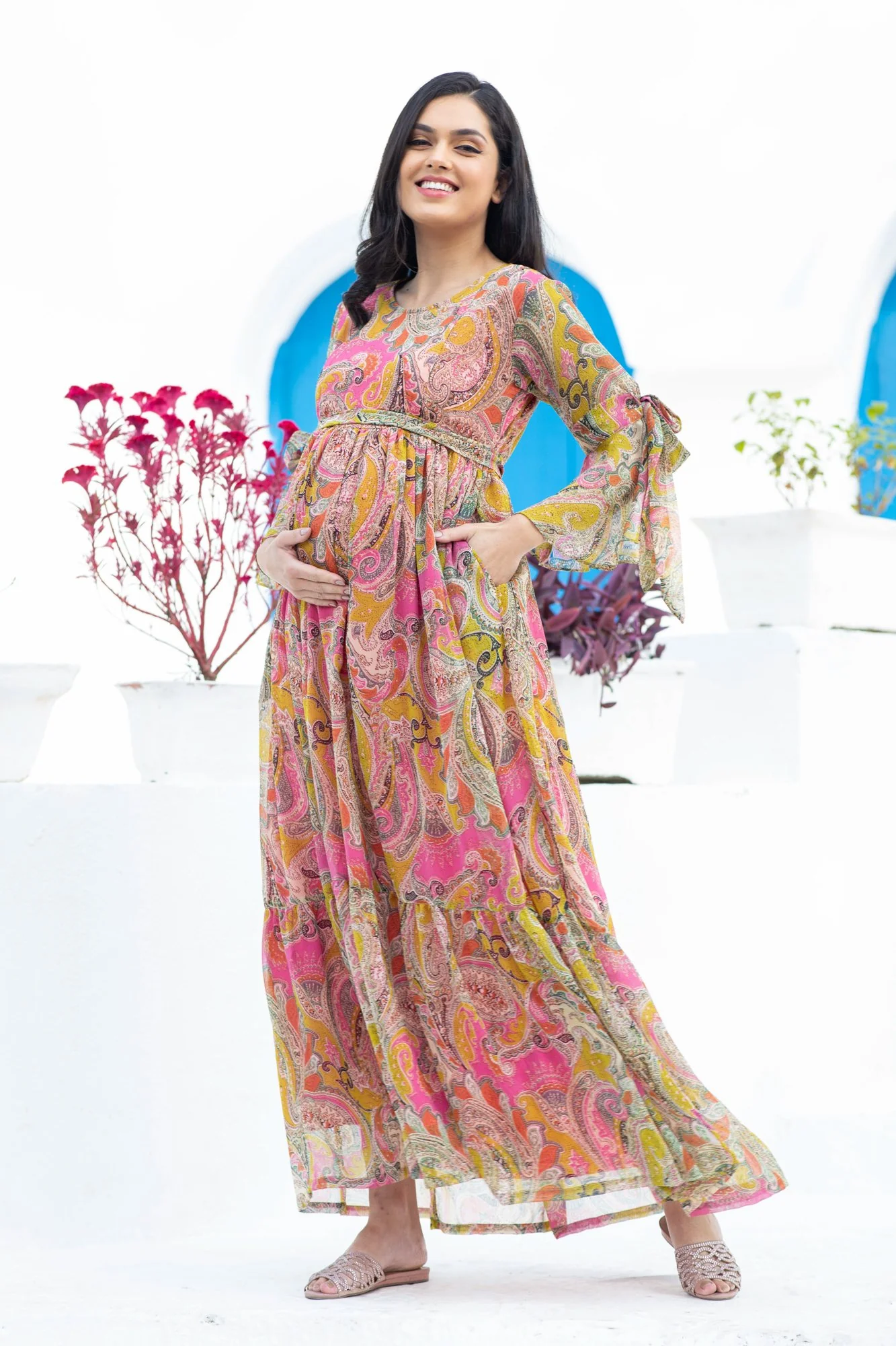 Rosy Paisley Maternity & Nursing Frill Dress - Chenance