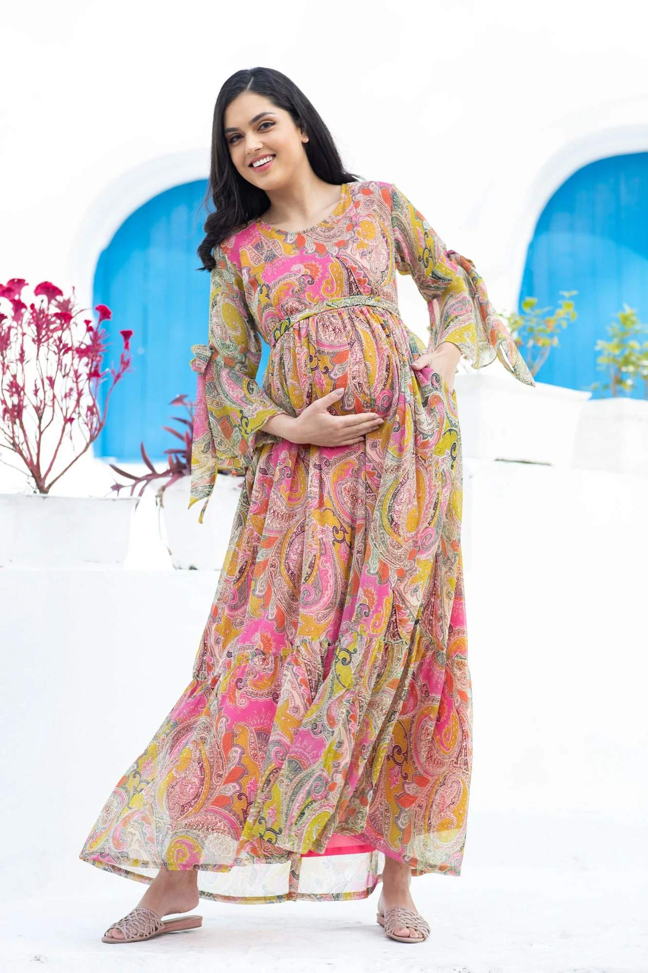 Rosy Paisley Maternity & Nursing Frill Dress - Chenance