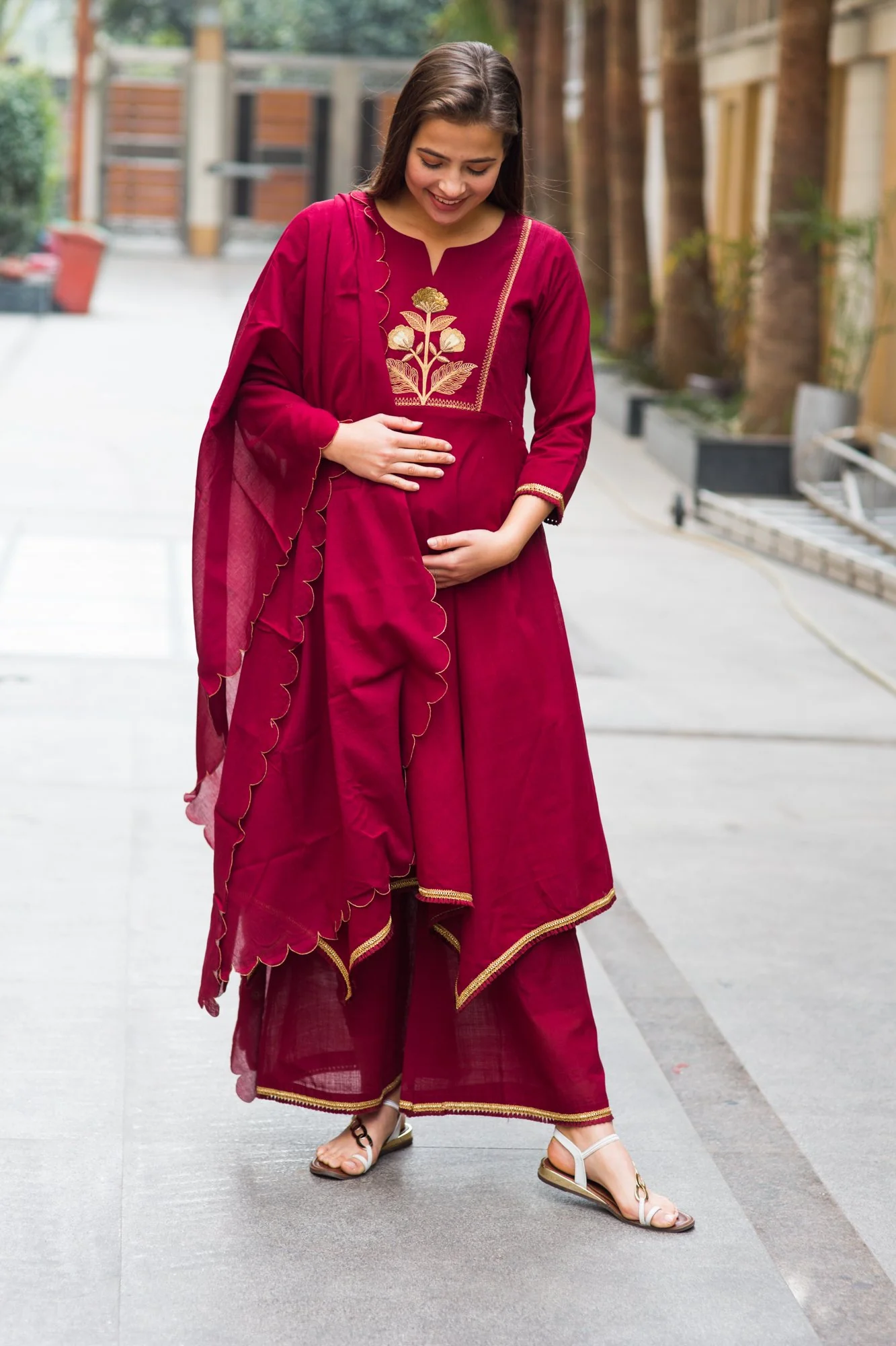 Premium Maroon Assym Gold Zari Maternity & Nursing Suit Set (3 pc) - Chenance