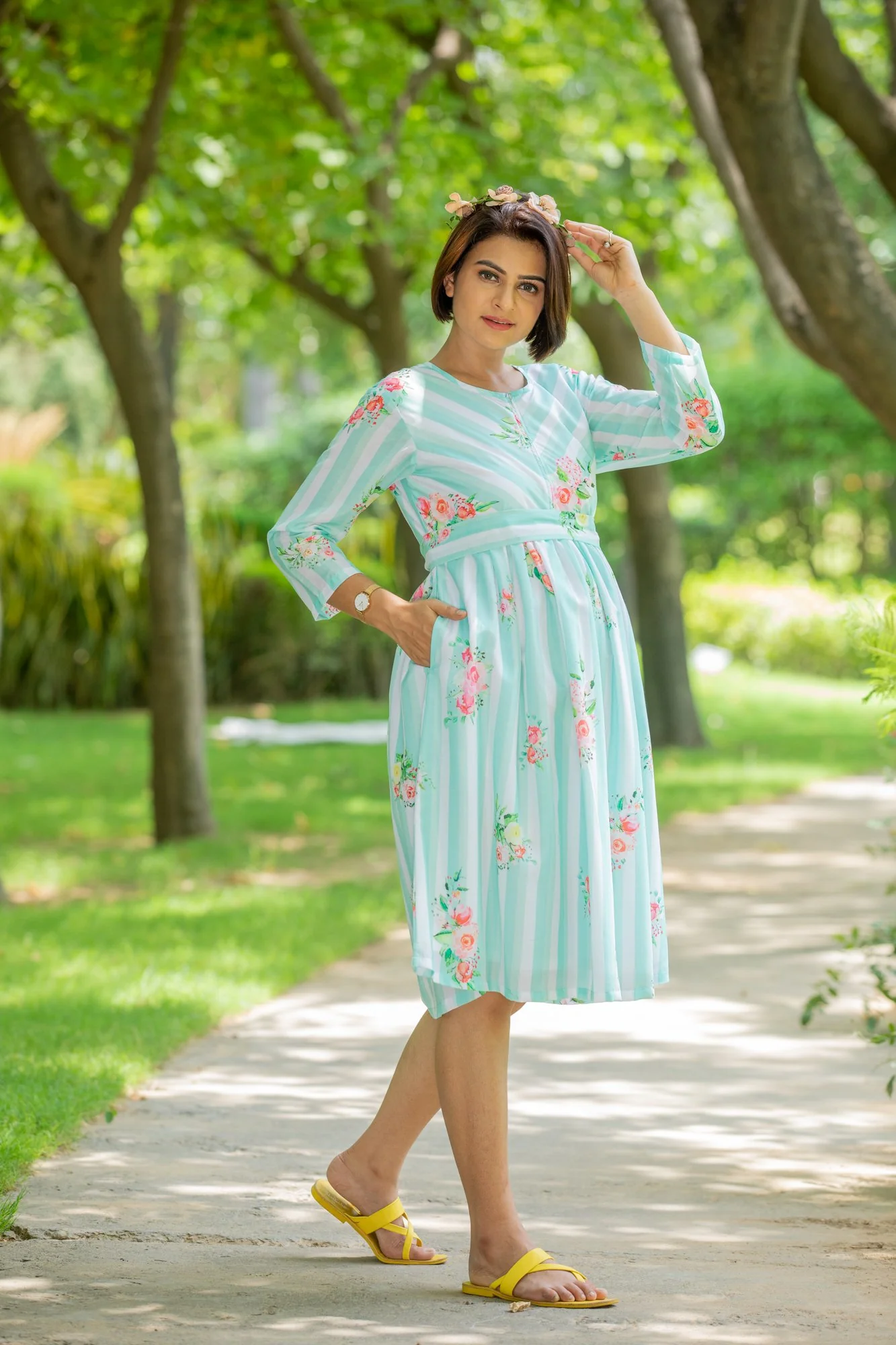 Mint Floral Striped Maternity & Nursing Dress - Chenance