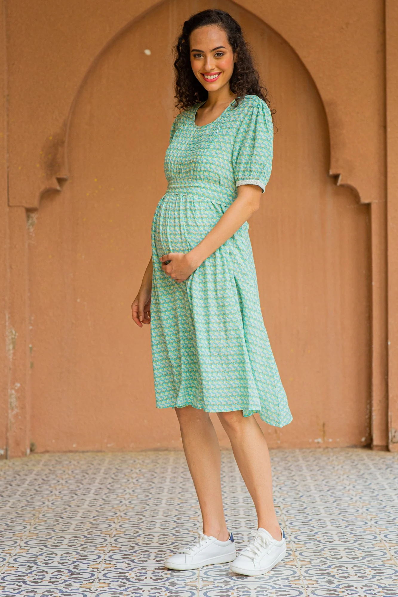 Pistachio Floral Maternity & Nursing Pintucks Knee Dress - Chenance