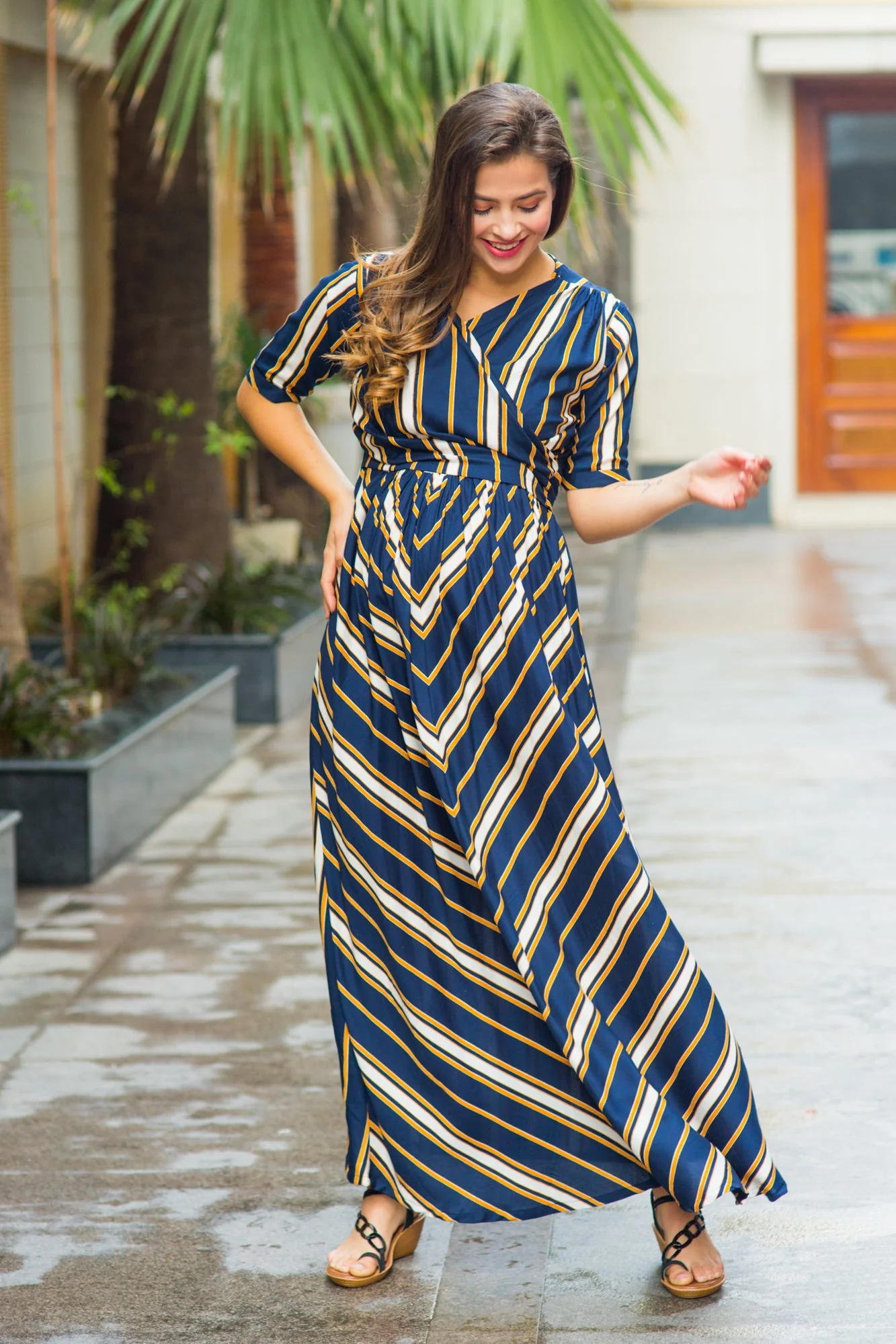 Royal Navy Striped Maternity & Nursing Wrap Dress - Chenance
