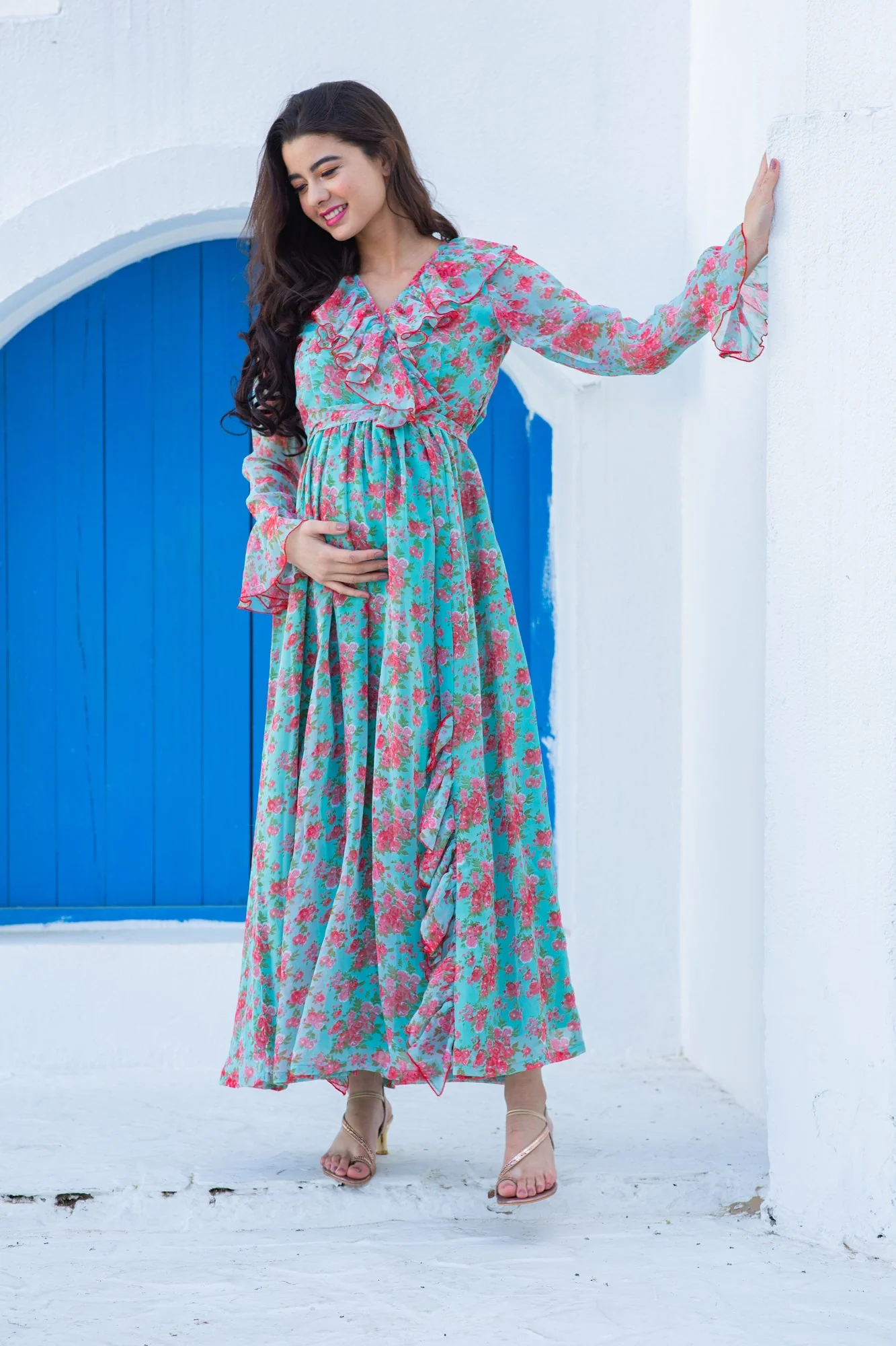 Pretty Aqua Pink Fresh Blossom Maternity Frill Dress - Chenance