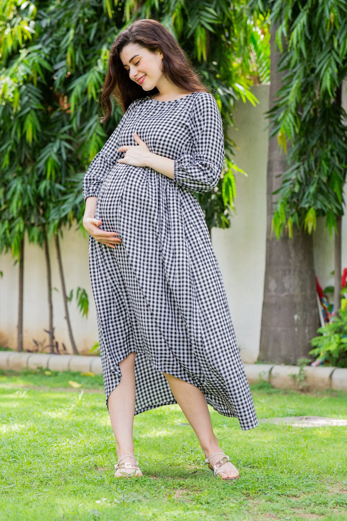 Plaid Dual Bow High-Low Maternity & Nursing Dress - Chenance