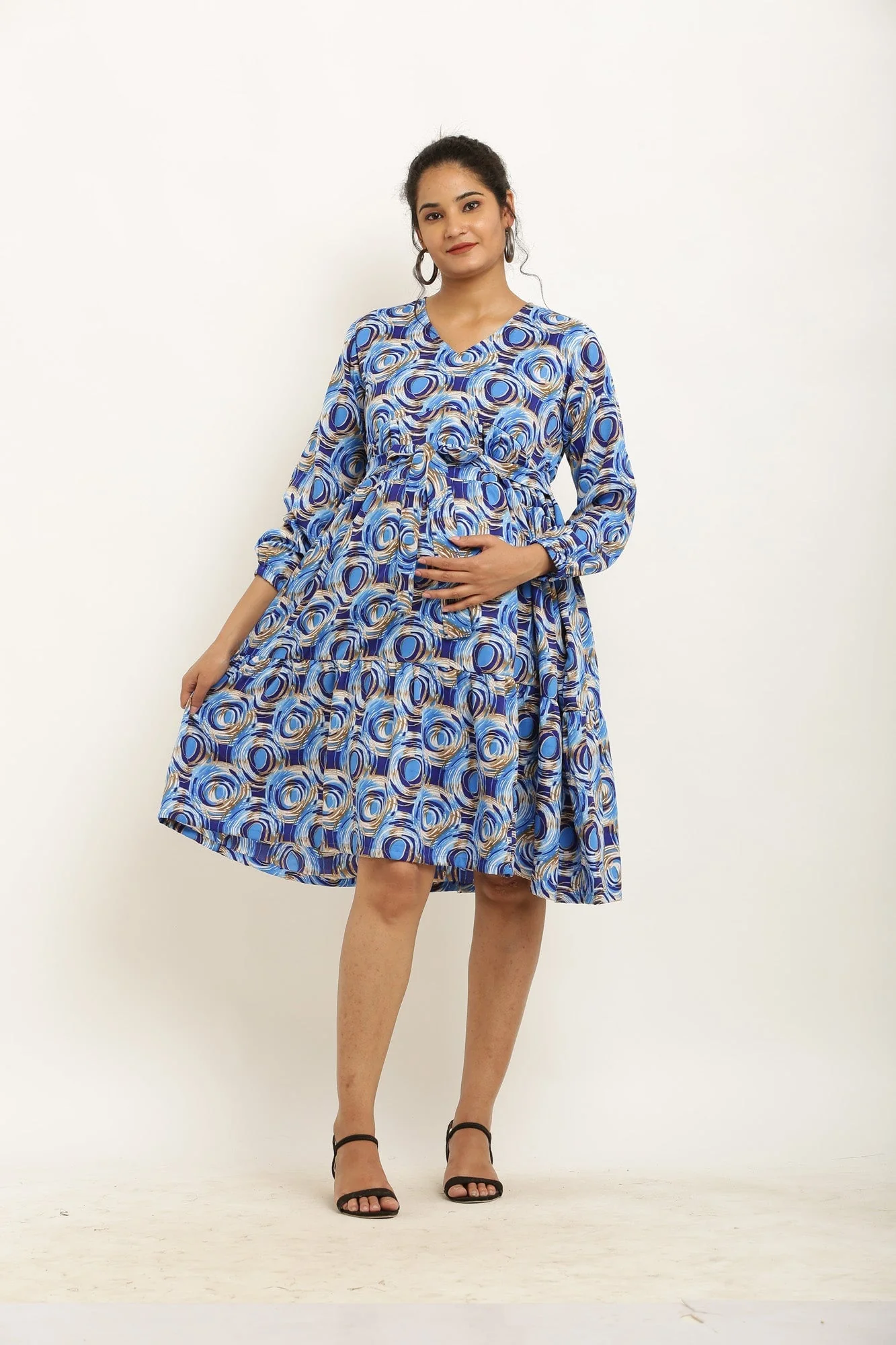 Jazzy Blue Monochrome Maternity & Nursing Layered Knee Dress - Chenance