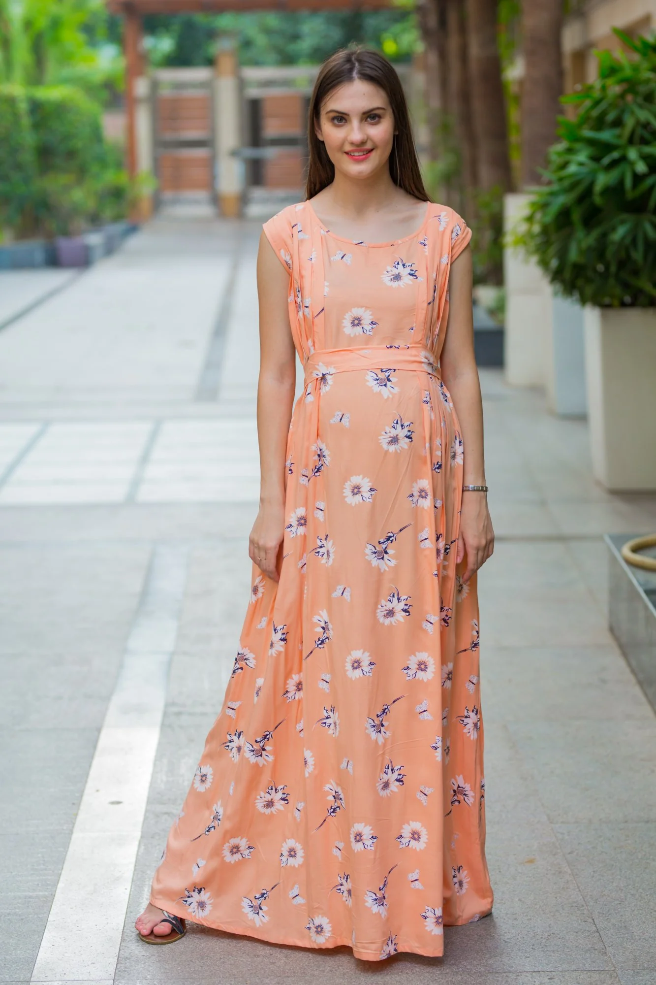 Soft Peach Flair Maternity & Nursing Dress - Chenance