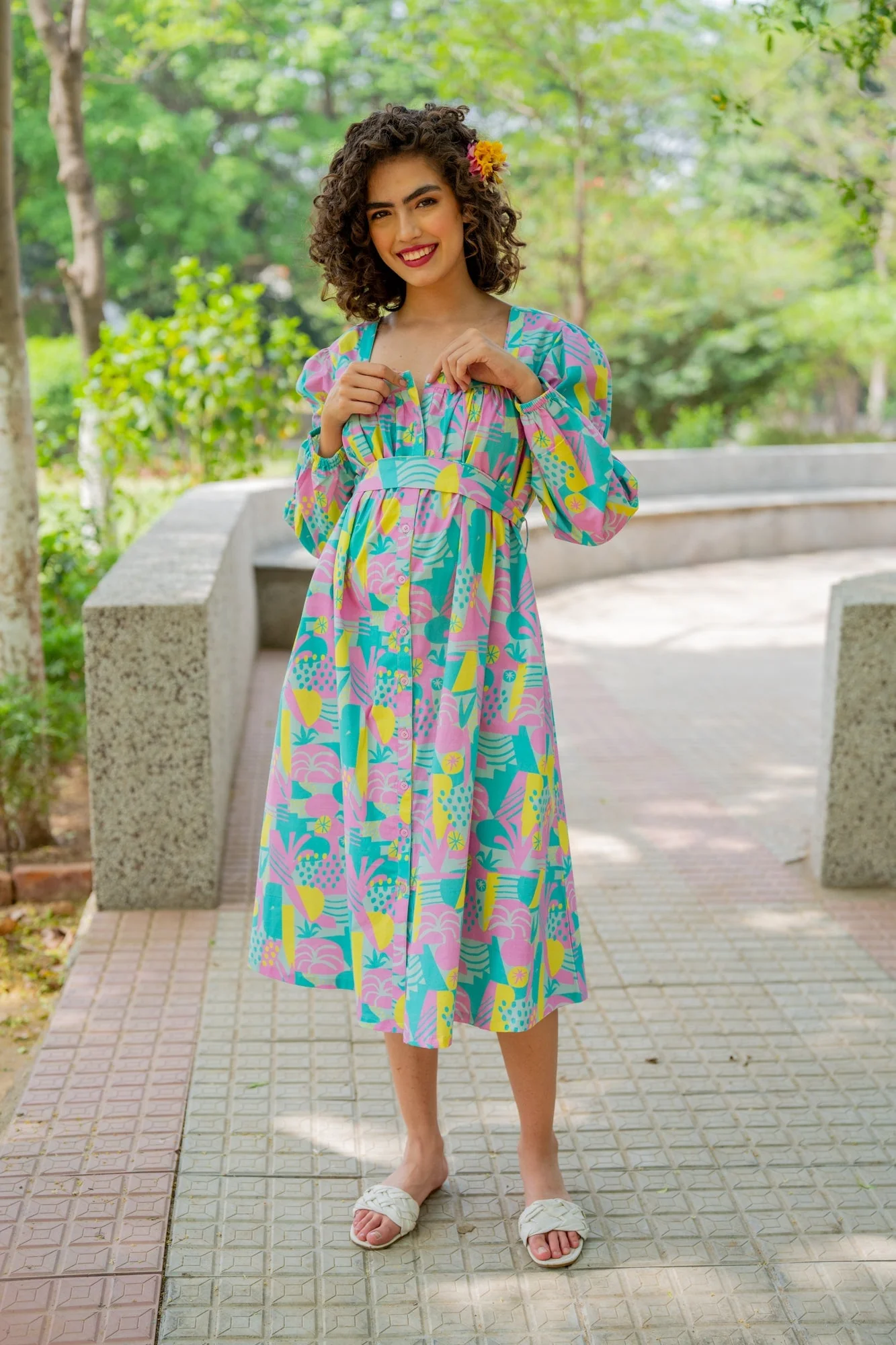 Dusty Blue Yellow Abstract Maternity & Nursing Dress (100% Cotton) - Chenance