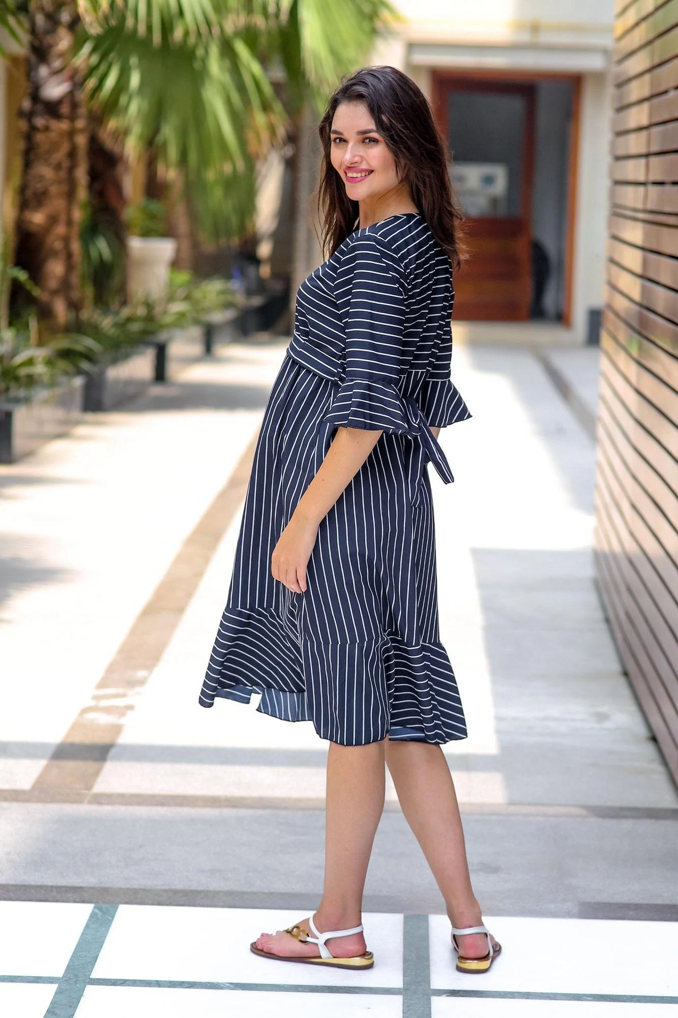 Elegant Ruffle Stripe Maternity & Nursing Dress - Chenance