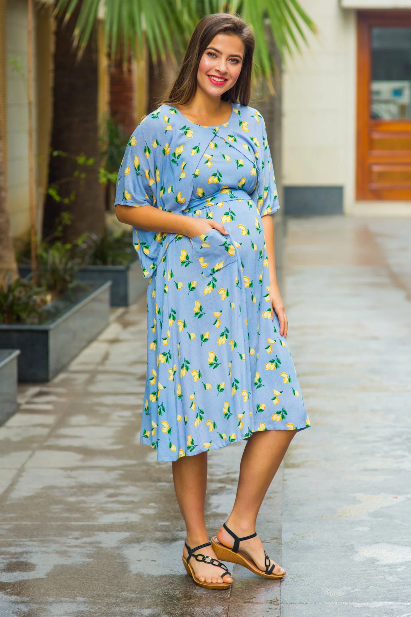 Arctic Blue Lemon Floral Maternity & Nursing Flap Dress - Chenance