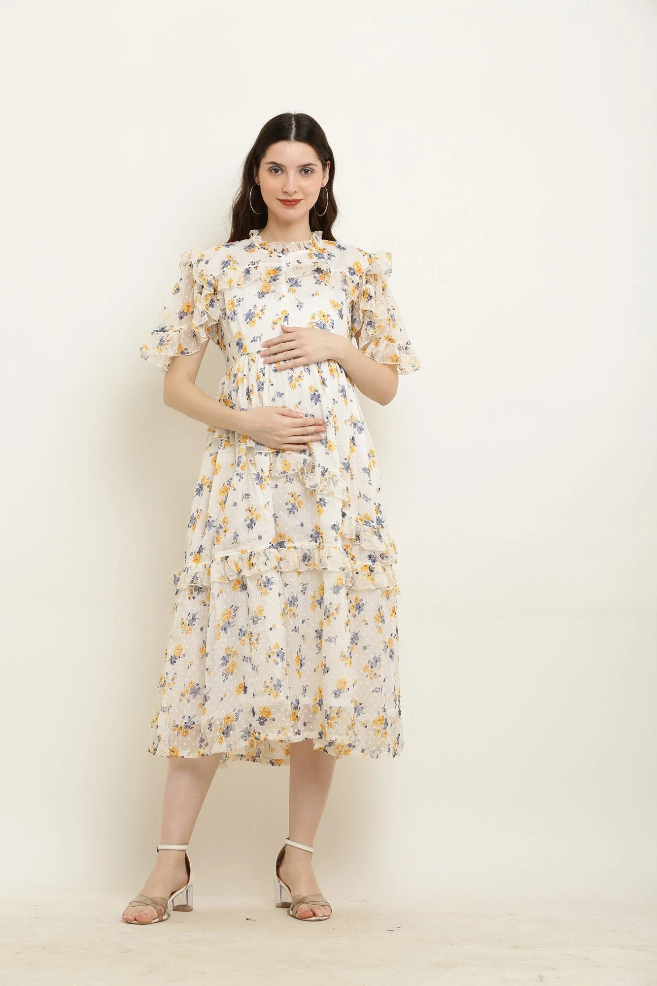 Soothing Ivory Yellow Floral Maternity & Nursing Frill Dress - Chenance
