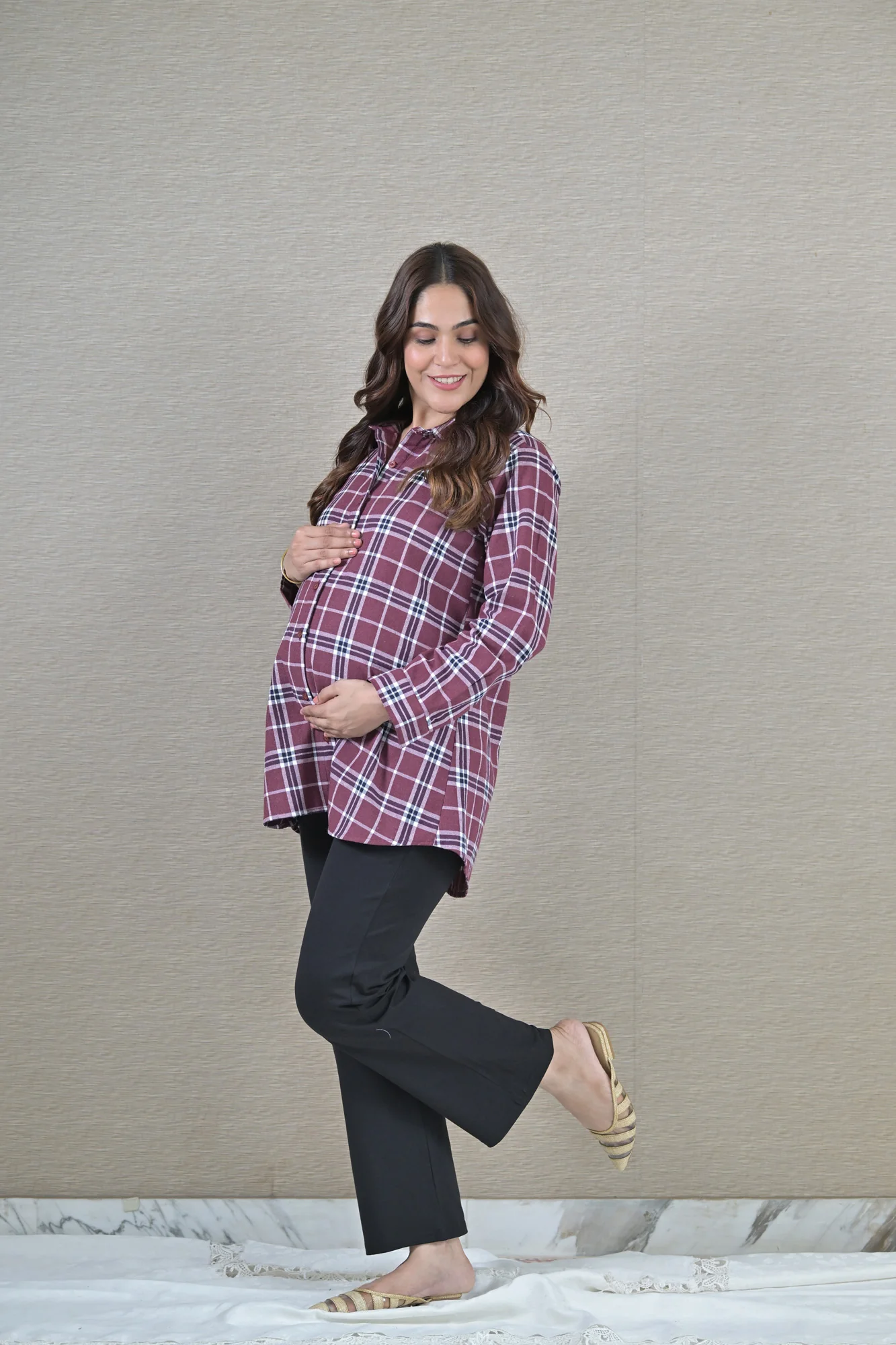 Sangria Check Maternity & Nursing Top - Chenance