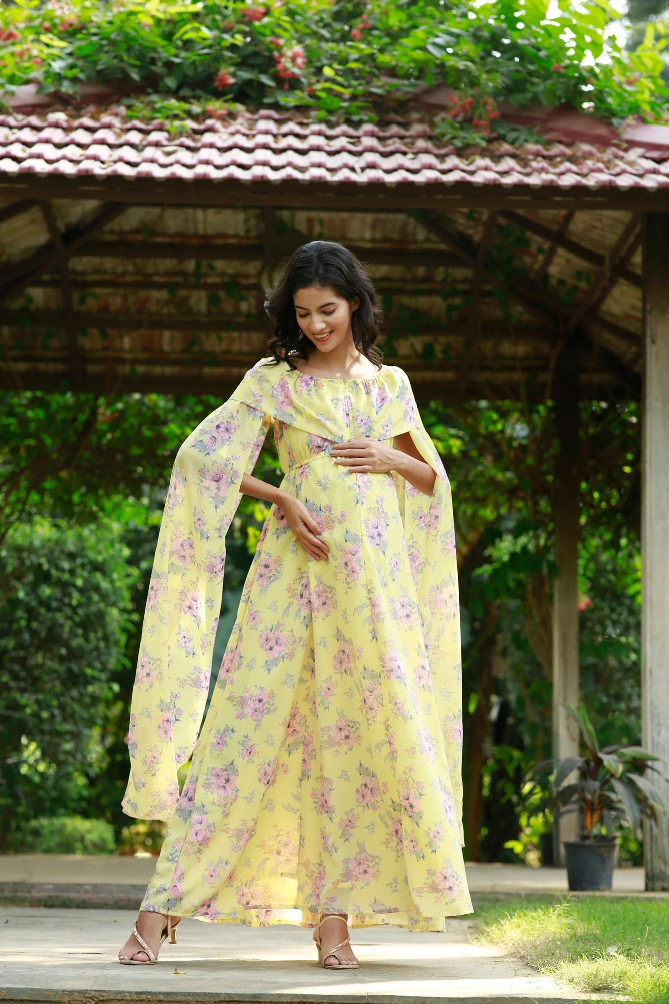 Lemon Pink Blossom Flying Sleeves Maternity & Nursing Dress - Chenance