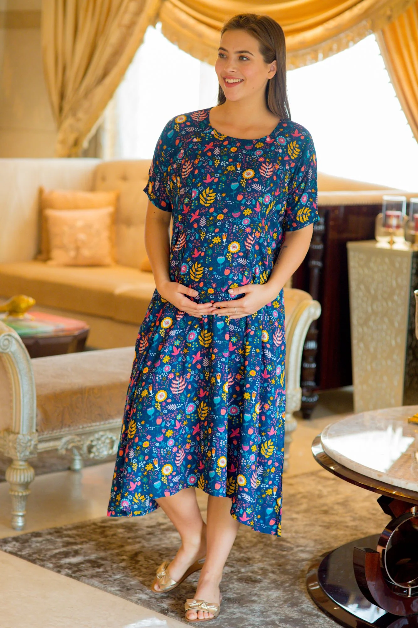 Set of 2 - Midnight Blue Shoulder Snap Delivery Gown + Matching Baby Swaddle - Chenance