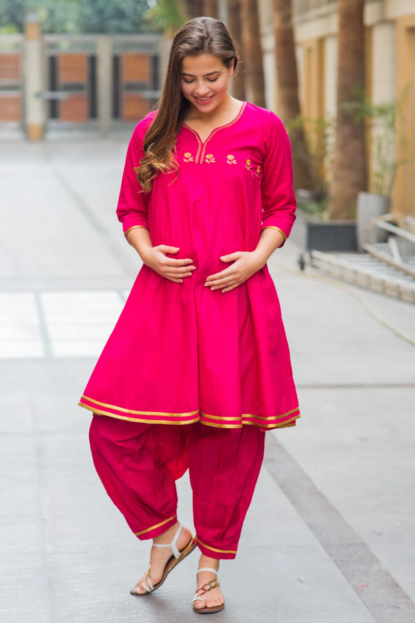 Premium Fuchsia Maternity & Nursing Kurta With Pleated Salwar (2 pc) - Chenance
