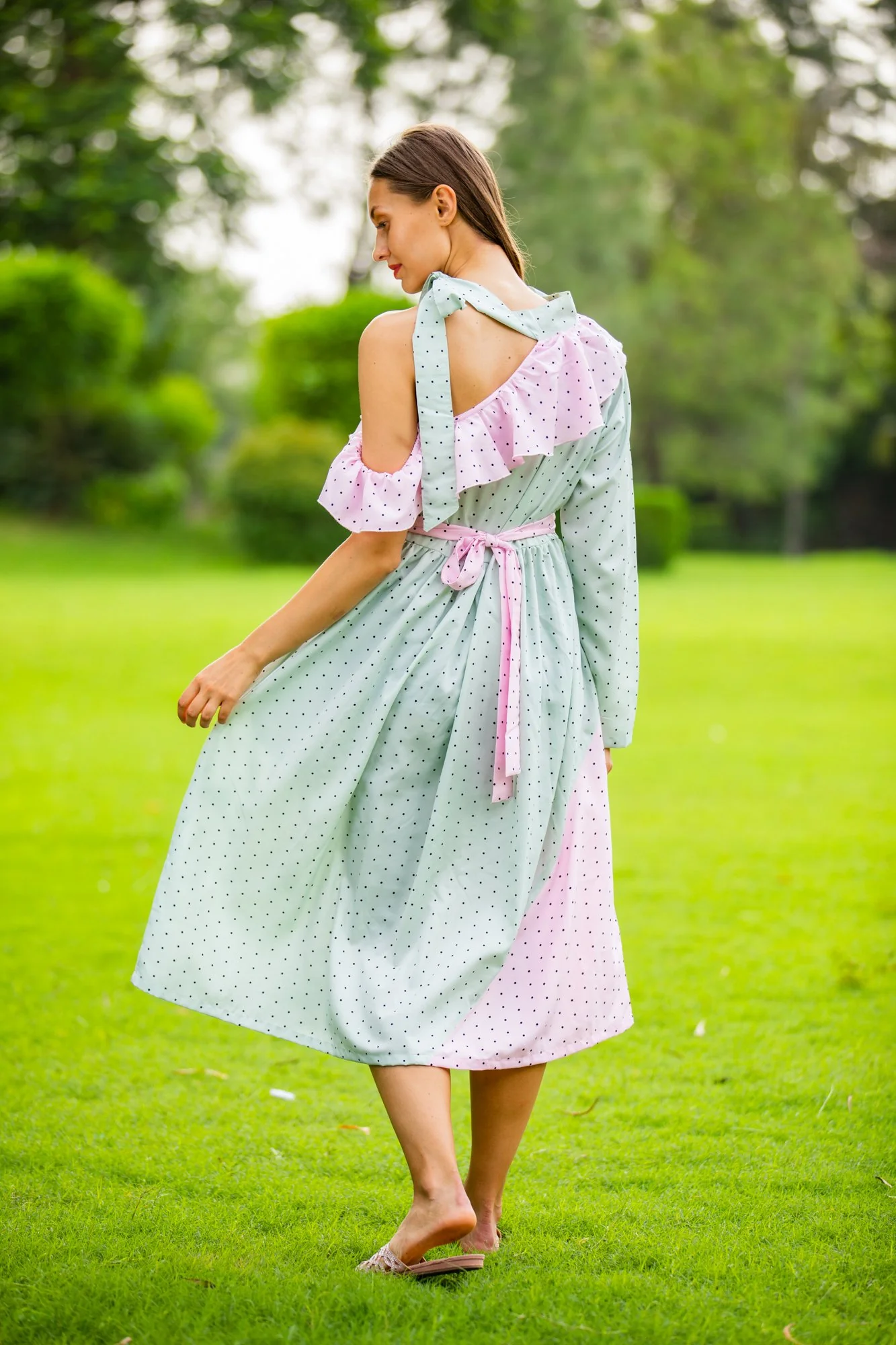 Mint Blush Polka Neck Tie Maternity & Nursing Dress - Chenance