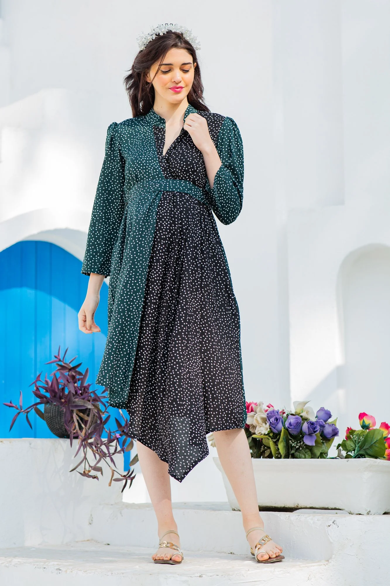 Asymmetrical Jade Green High Neck Maternity & Nursing Dress - Chenance