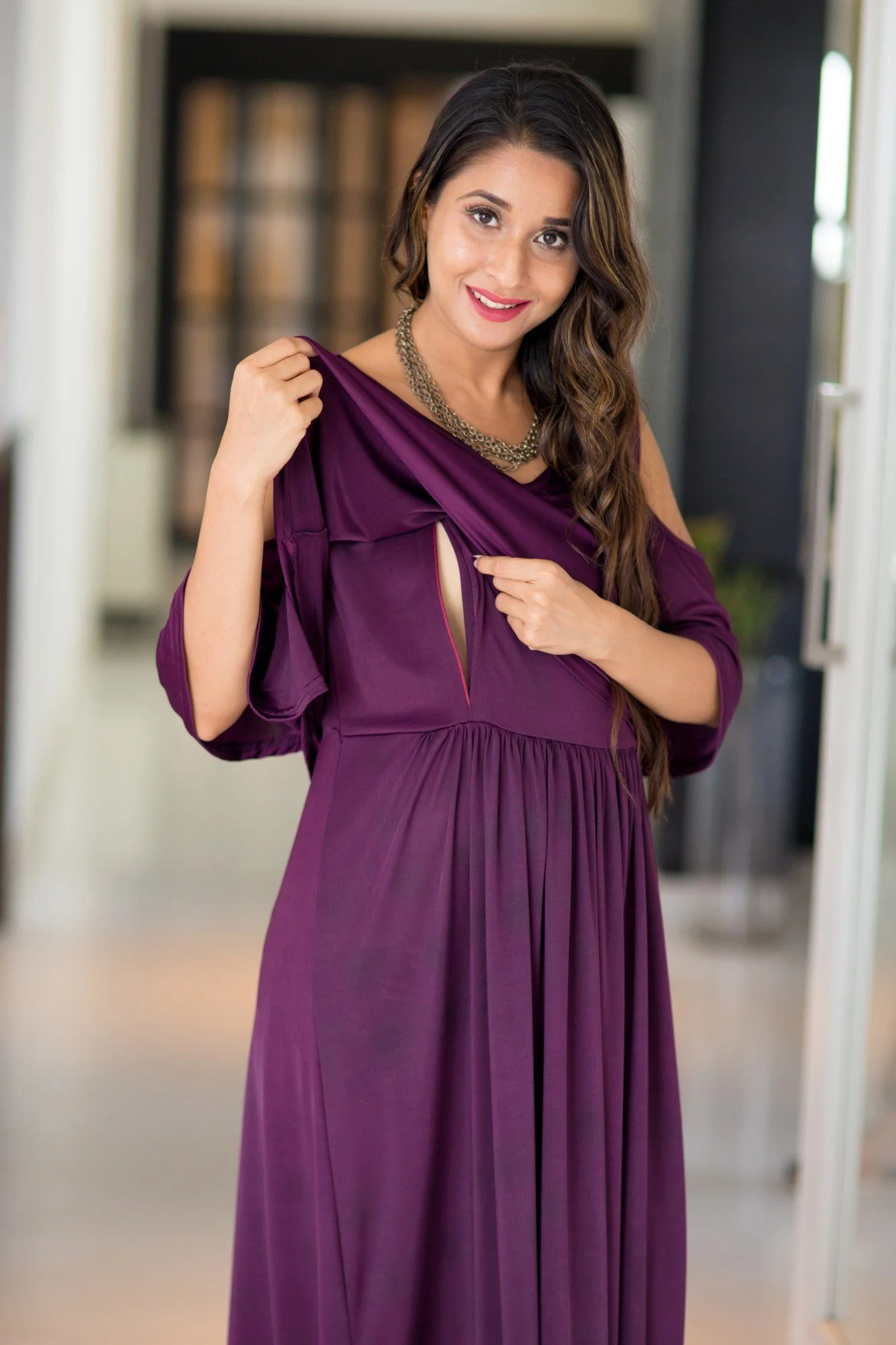 Plum Cold Shoulder Maternity & Nursing Maxi Dress - Chenance