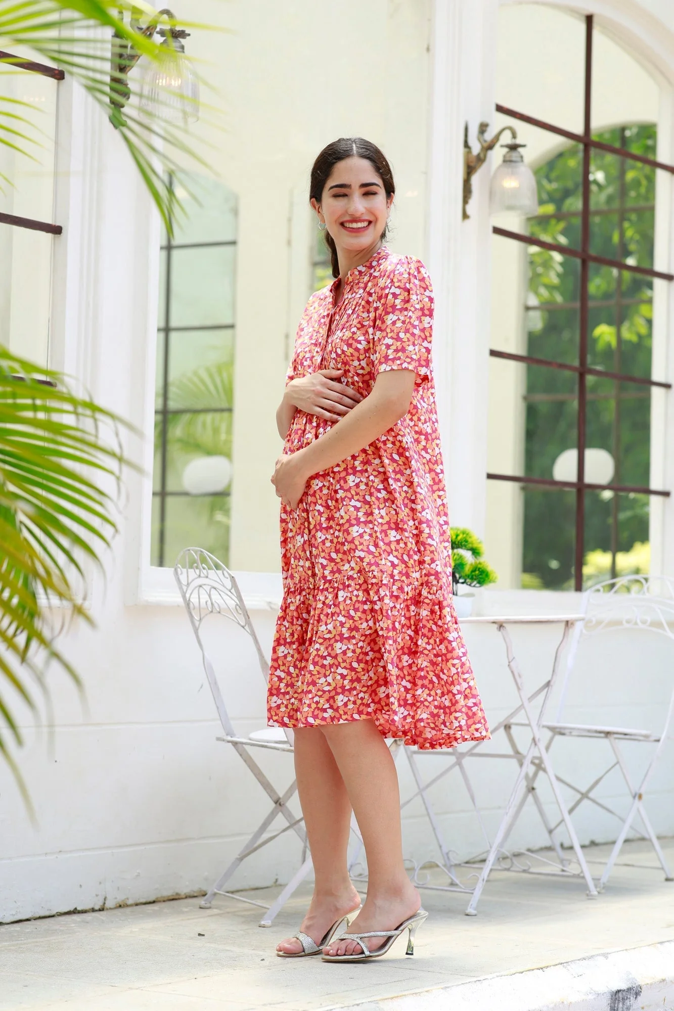Carrot Punch Floral Maternity & Nursing Frill Shirt Dress - Chenance
