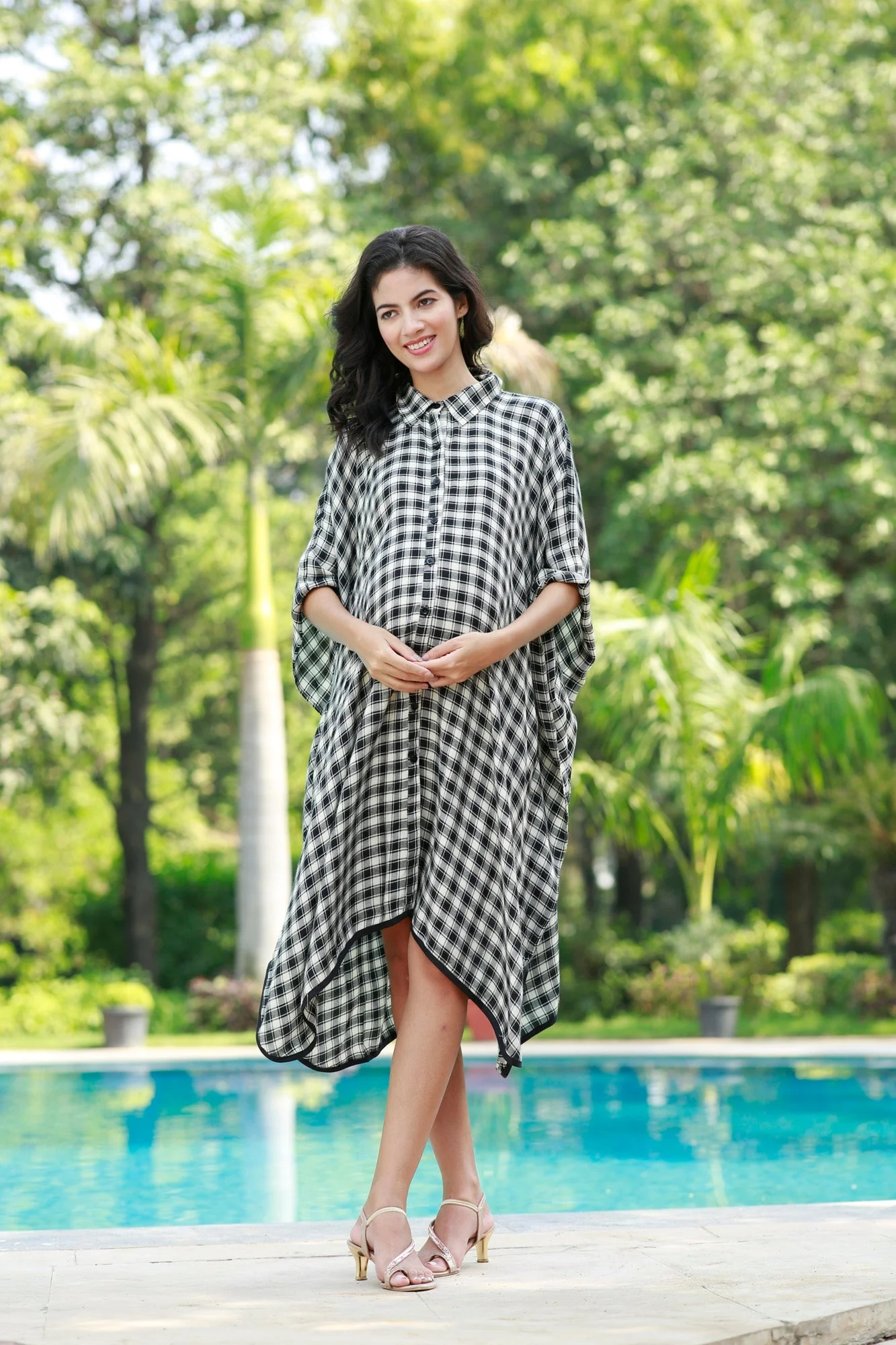 Forever Black & White Plaid Maternity & Nursing Kaftan Shirt Dress - Chenance