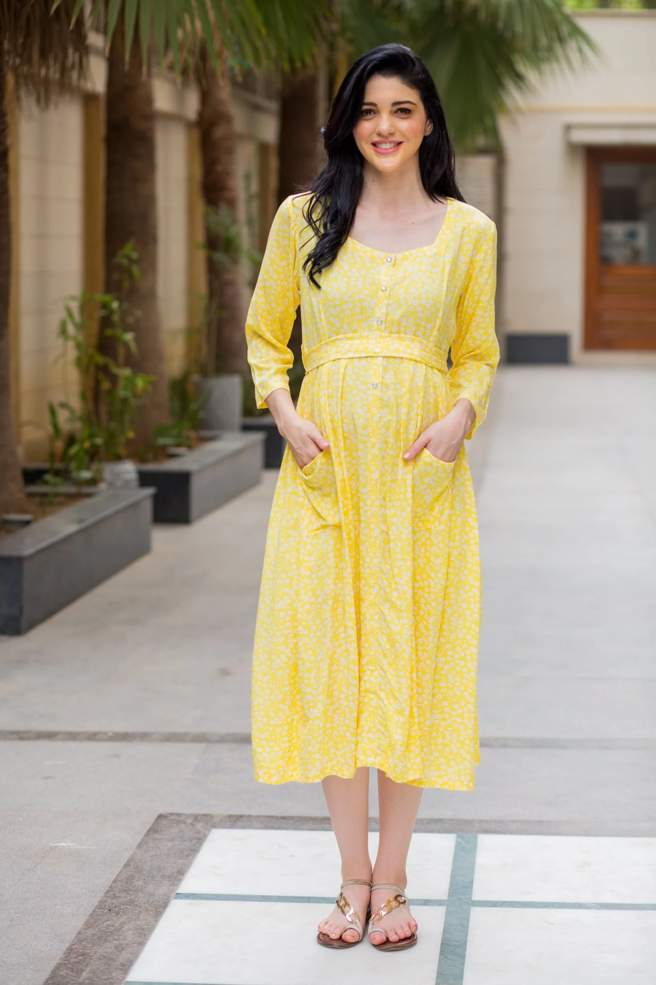 Joyful Yellow Pocket Maternity & Nursing Dress - Chenance