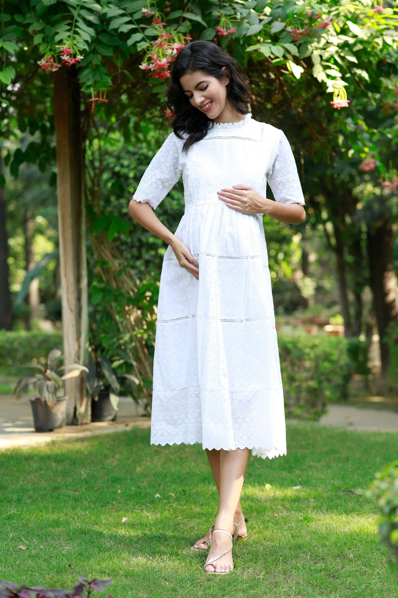 Paradise Daisy White Maternity & Nursing Dress (100% Cotton) - Chenance