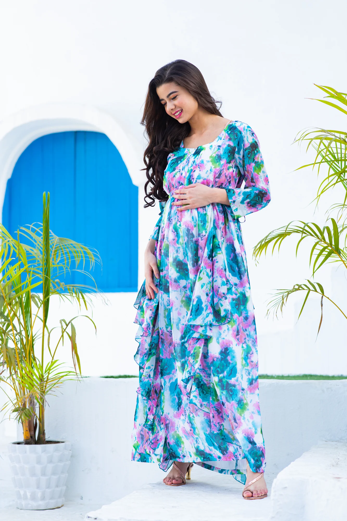 Luxe Vibrant Cascading Floral Maternity & Nursing Flow Dress - Chenance