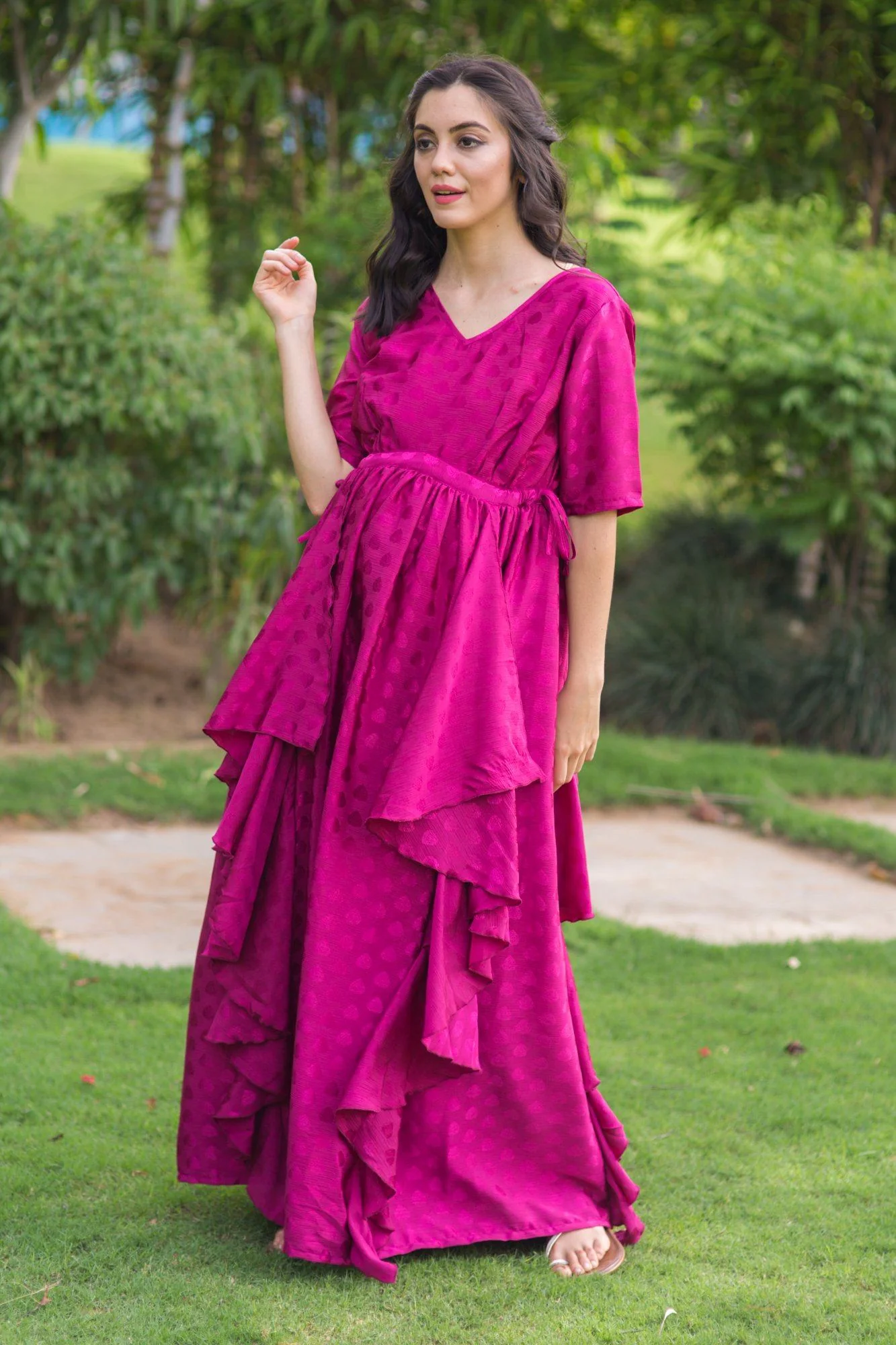 Luxe Rosewood Embellished Satin Maternity Dress - Chenance