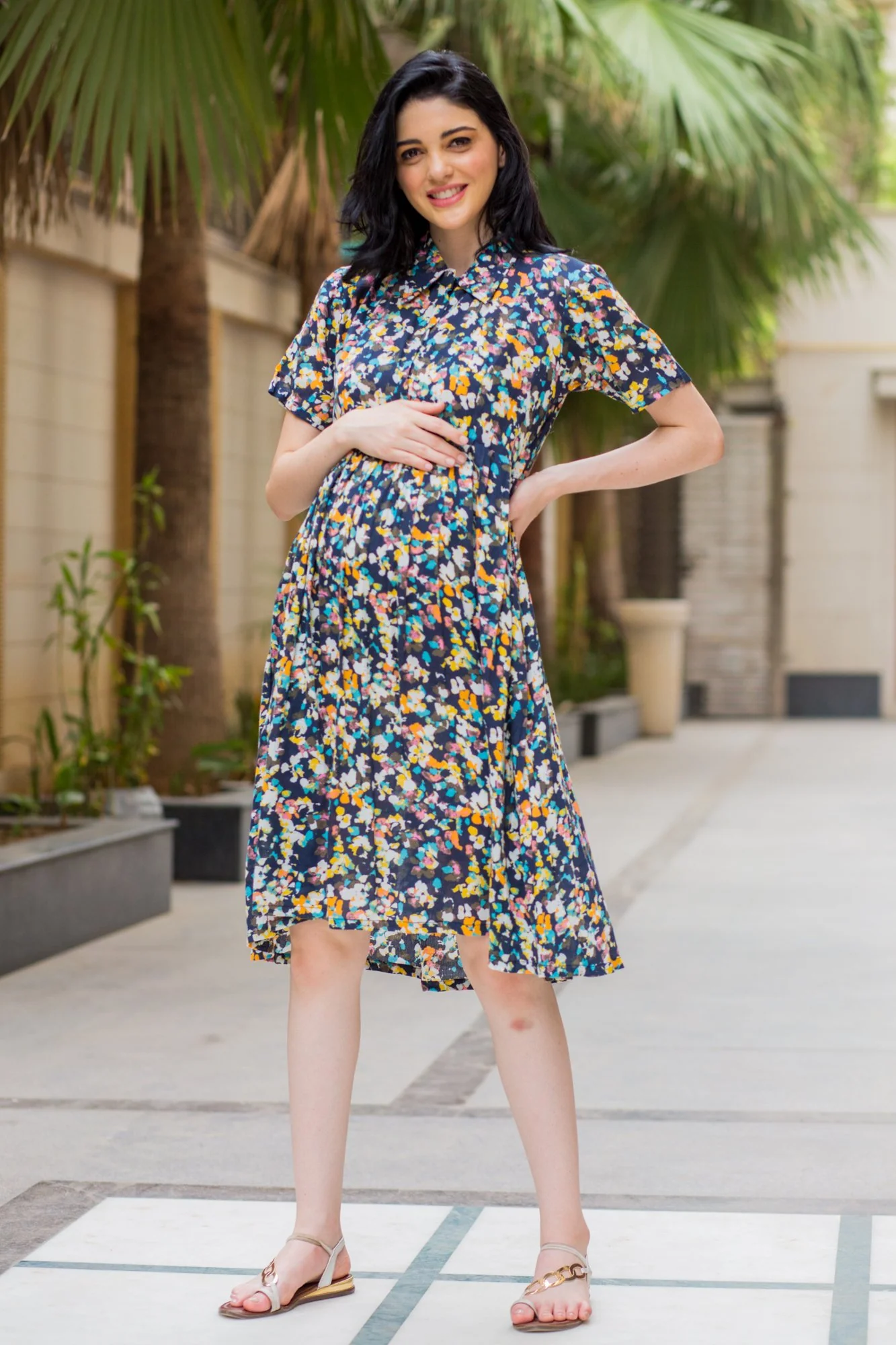 Vivid Sprinkle Maternity & Nursing Collar Dress - Chenance