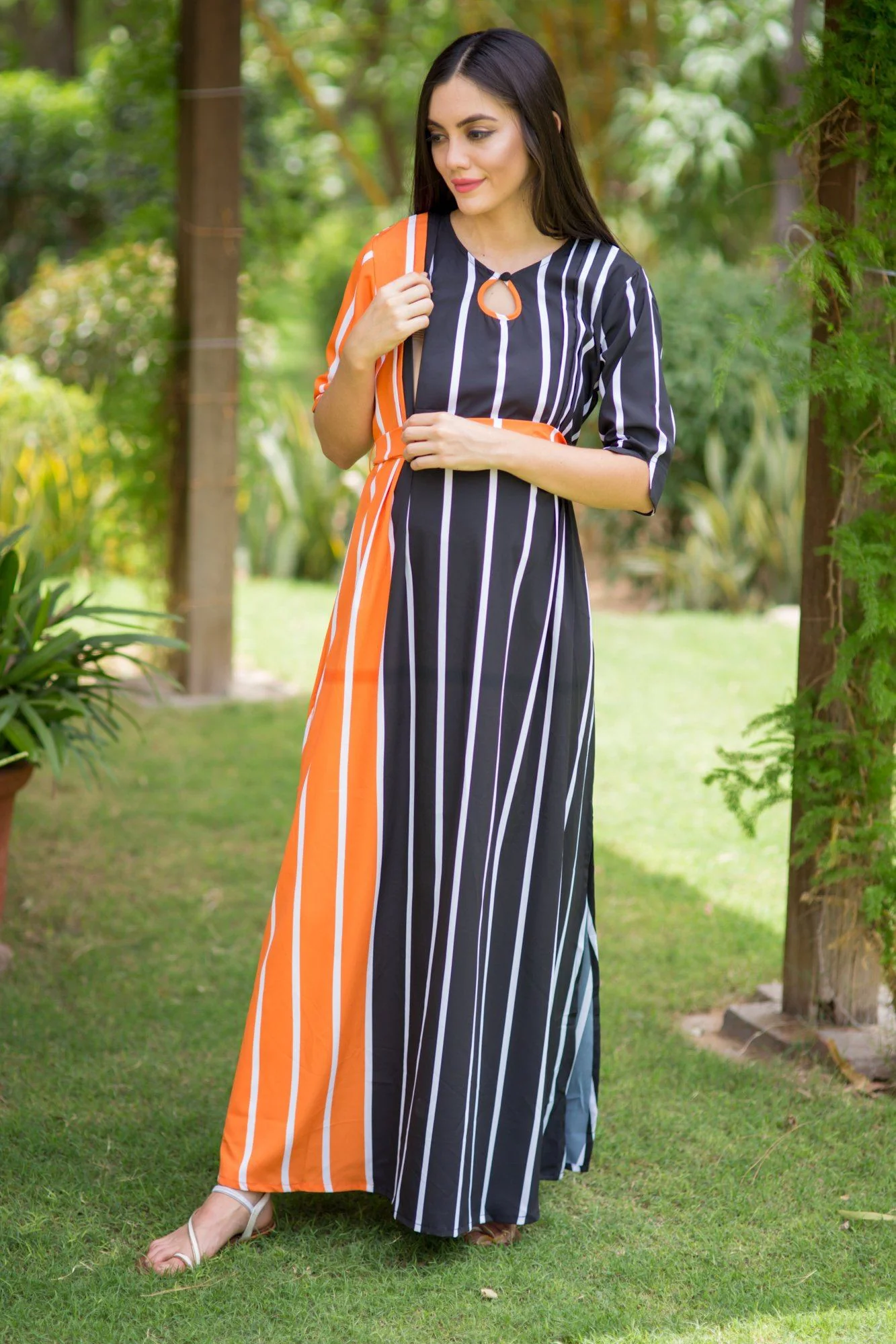 Striped Sage Side Slit Maternity & Feeding Dress - Chenance
