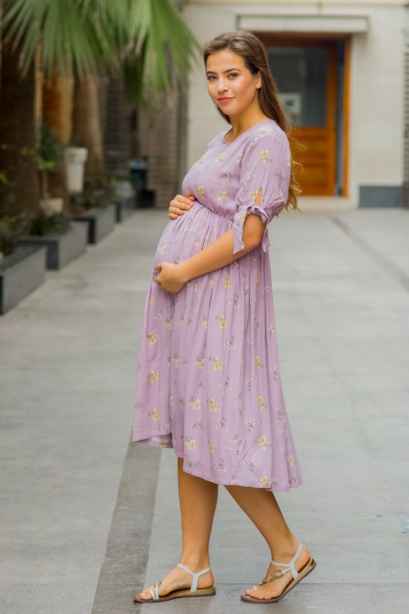 Pretty Lilac Floral Maternity & Nursing Dress - Chenance