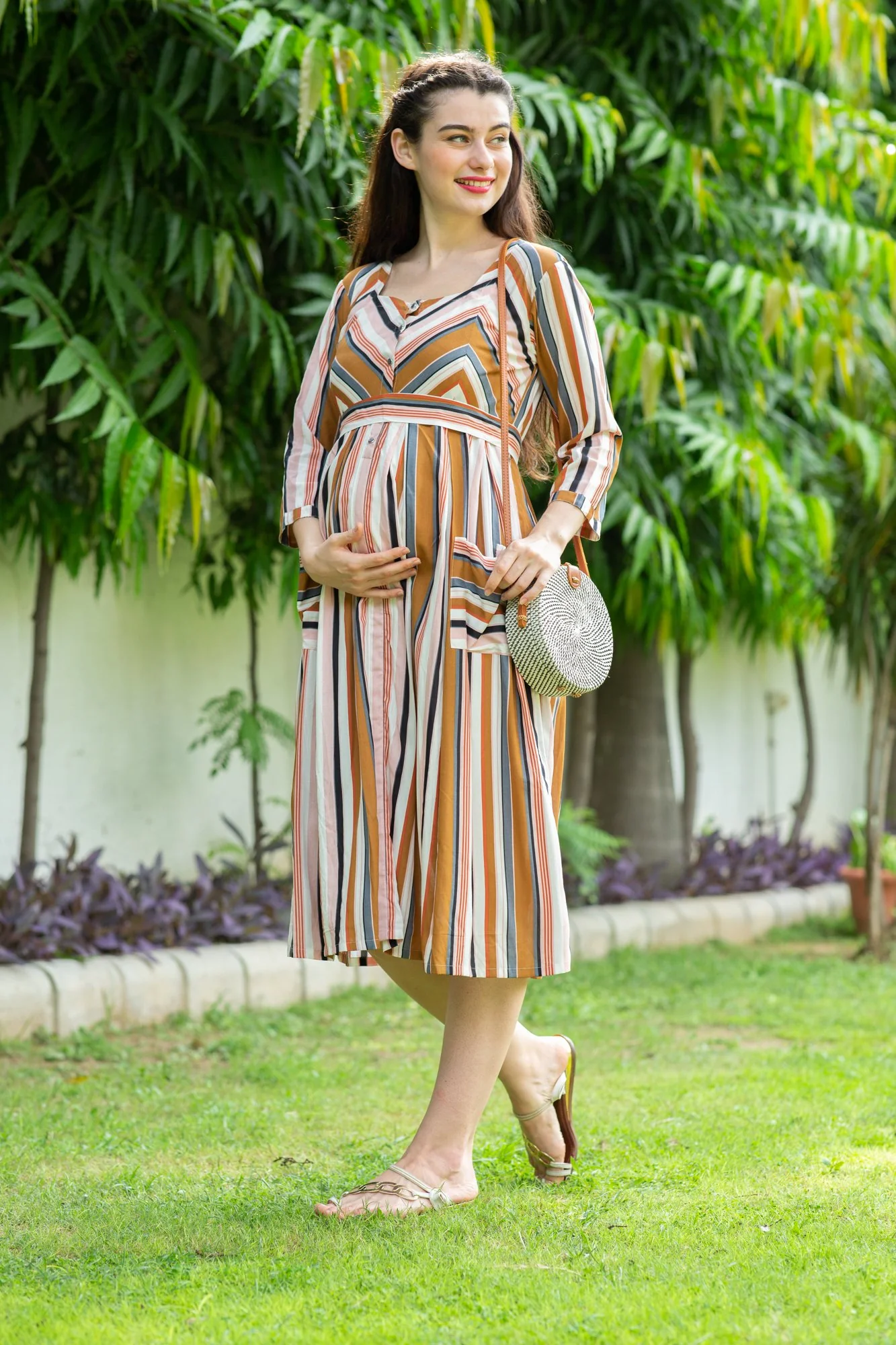 Multi Striped Pocket Maternity & Nursing Dress - Chenance