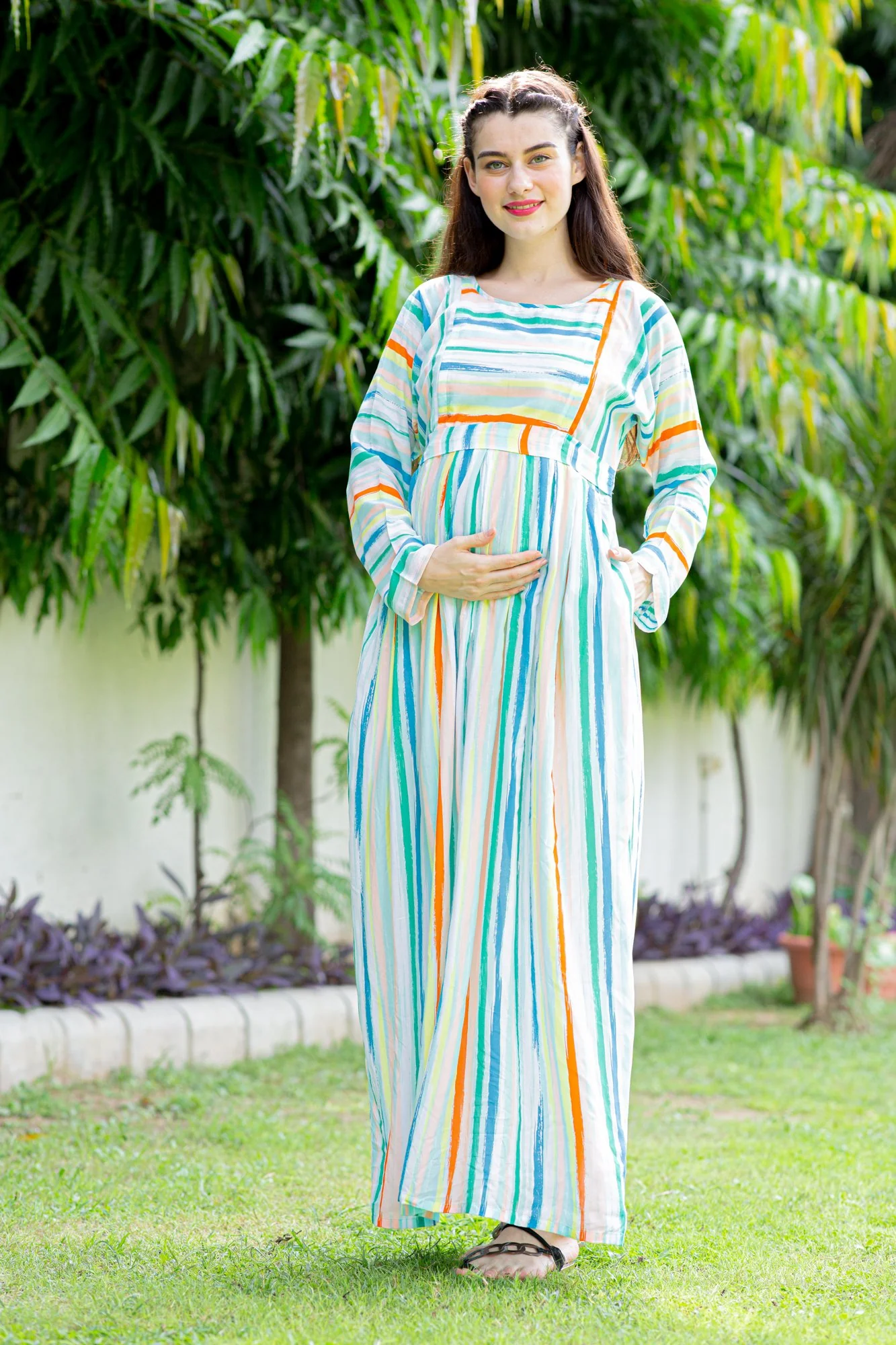 Pastel Striped Maternity & Nursing Maxi Dress - Chenance
