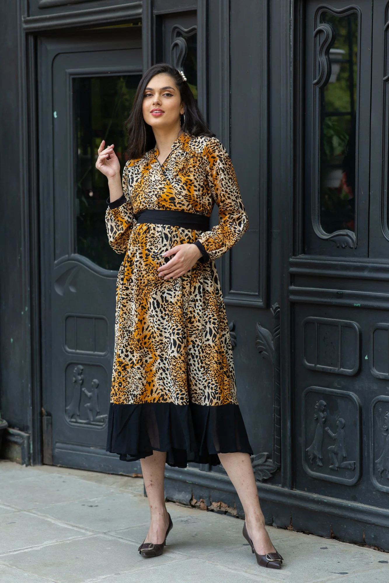 Premium Tropical Brown Maternity & Nursing Midi Wrap Dress - Chenance