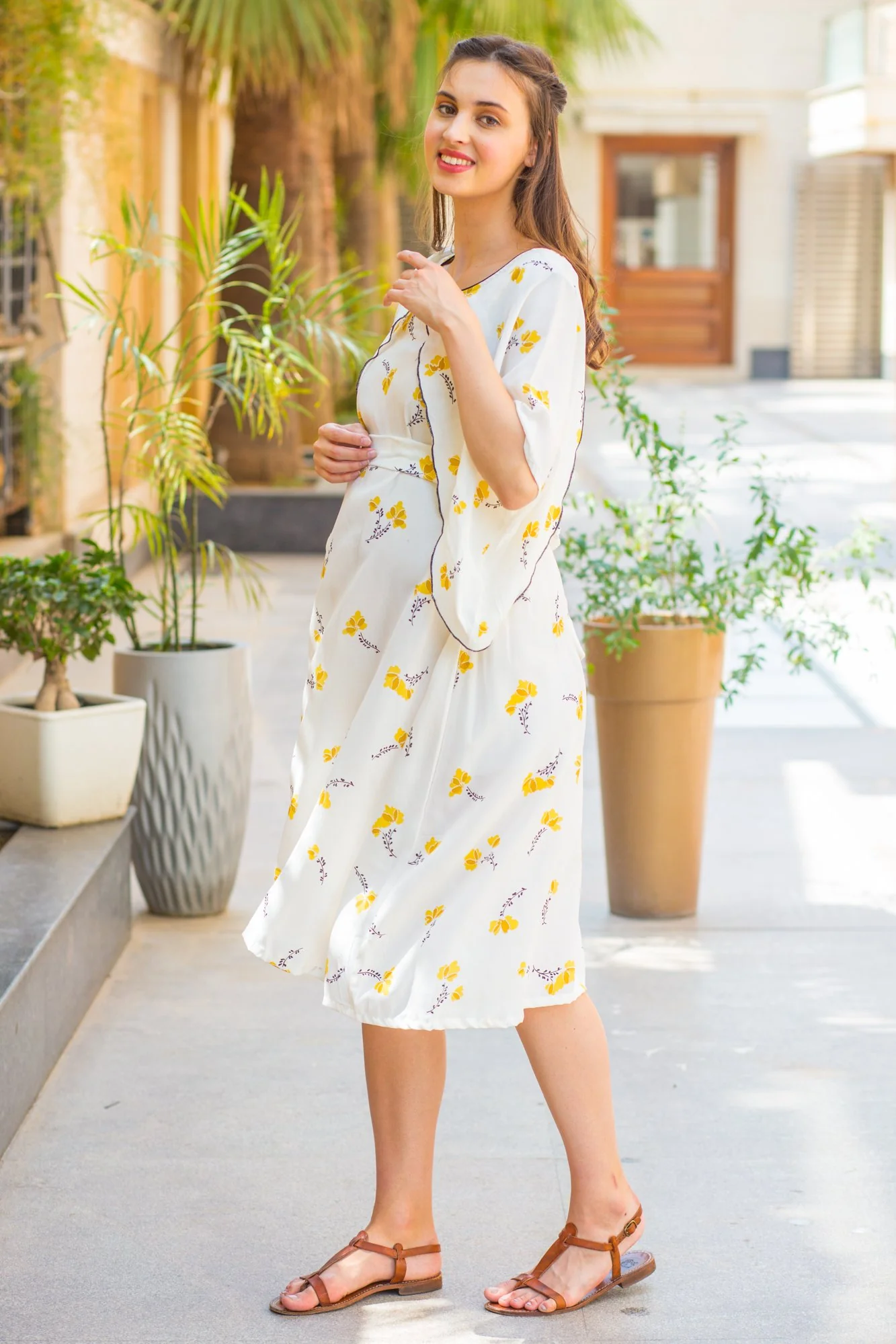 Pristine White Yellow Maternity & Nursing Flap Dress - Chenance