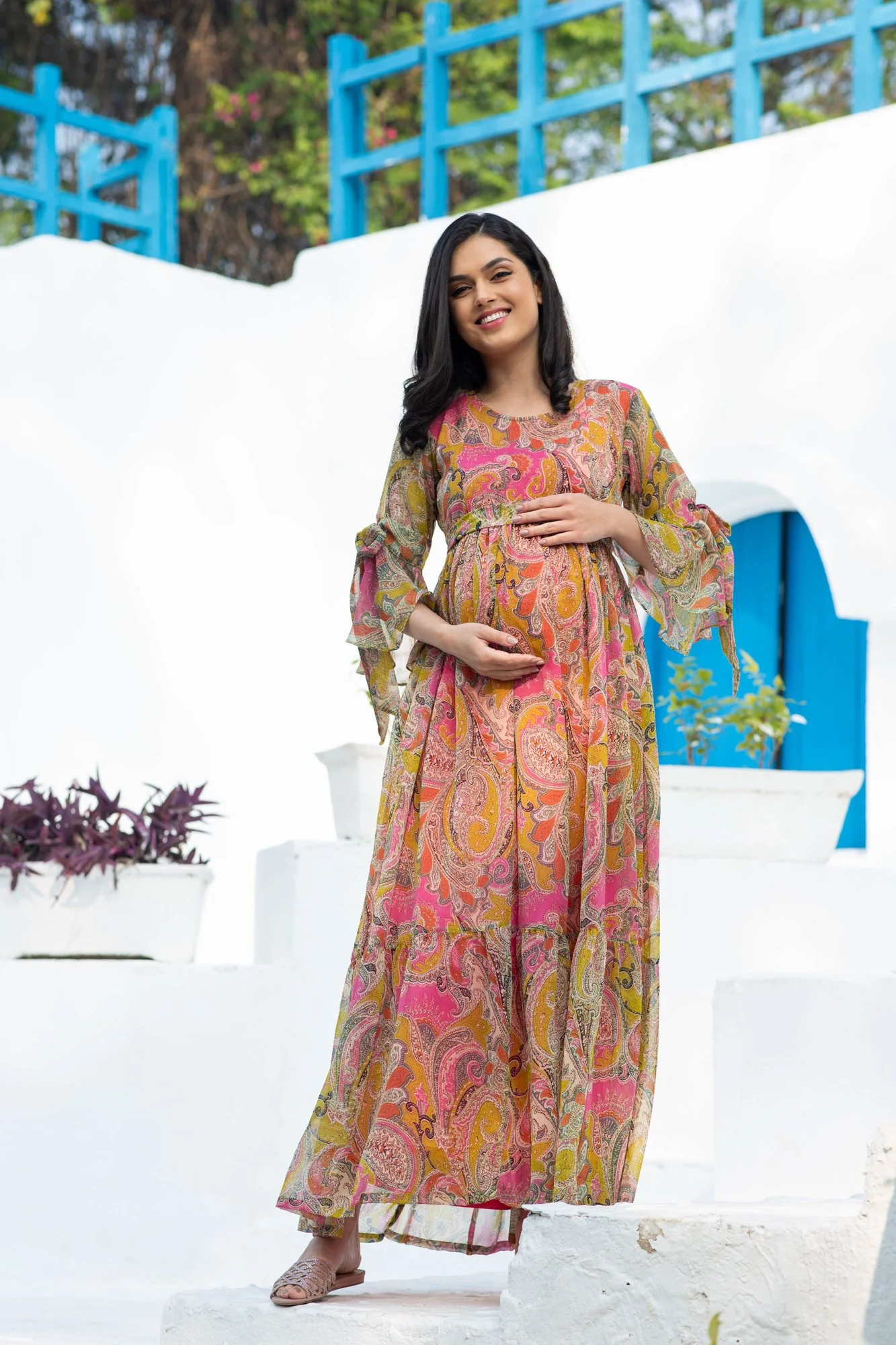 Rosy Paisley Maternity & Nursing Frill Dress - Chenance