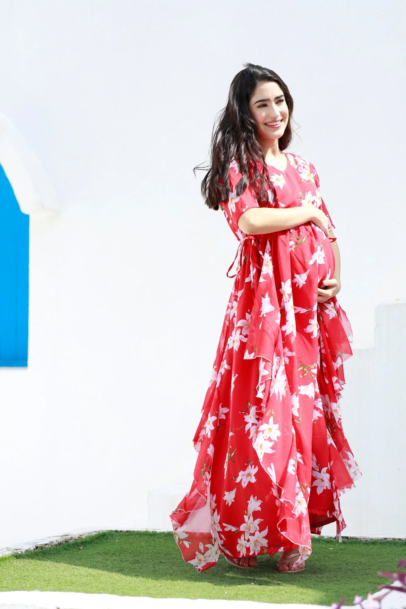 Crimson Red Blossom Maternity Flow Dress - Chenance