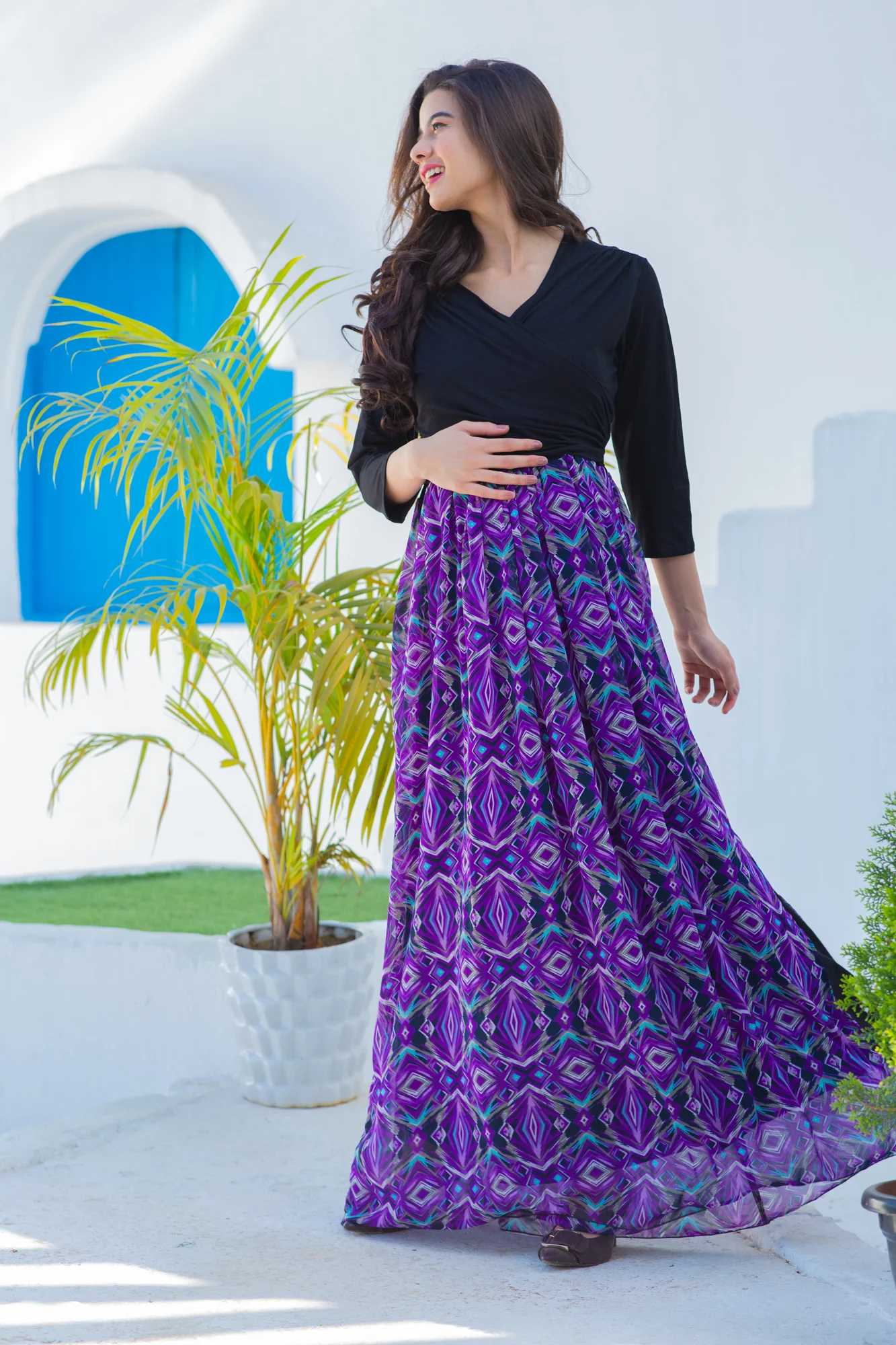 Violet Patterned Luxe Chiffon Maternity & Nursing Wrap Dress - Chenance