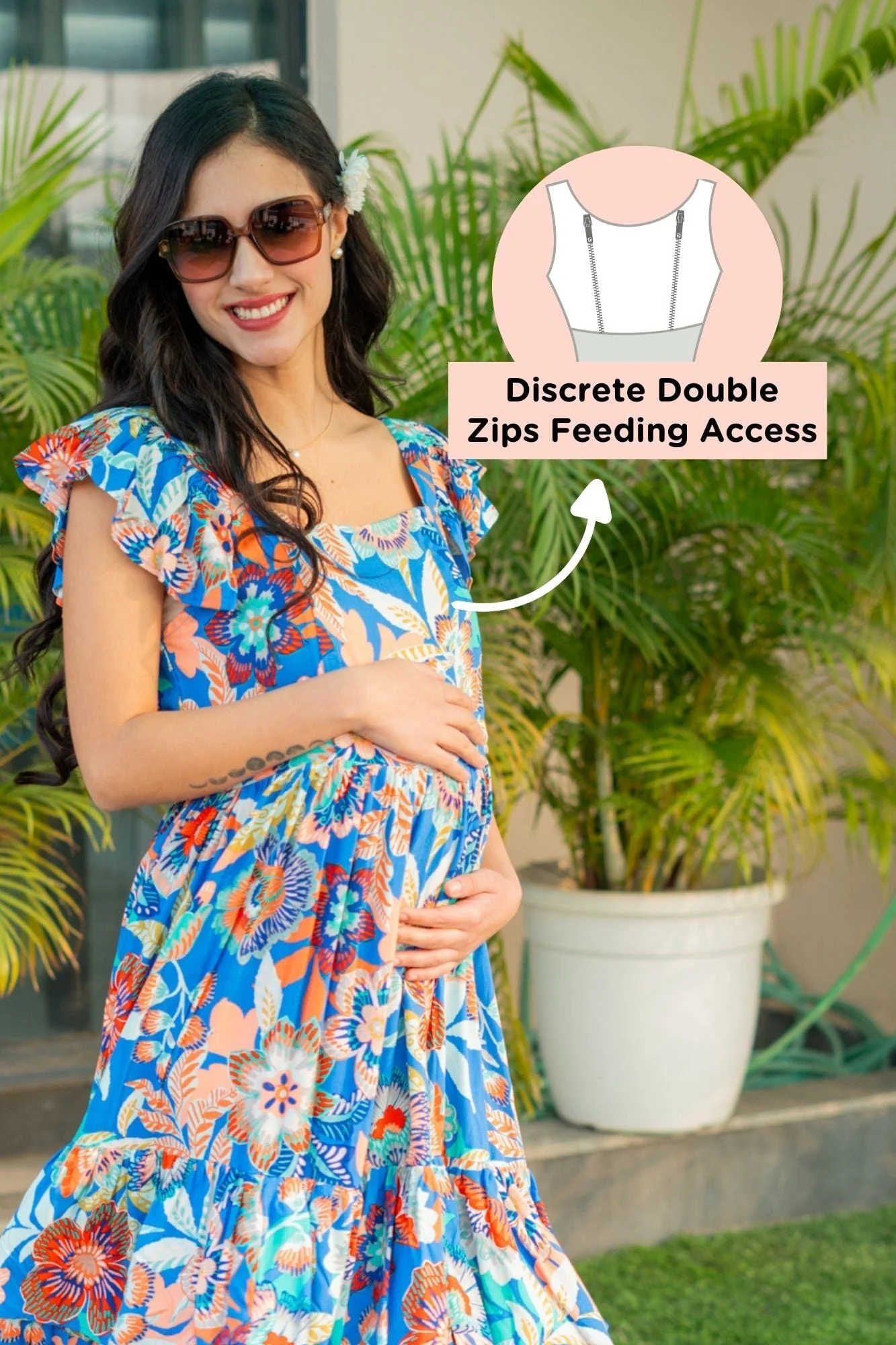 Classic Daisy Cobalt Blue Maternity & Nursing Frill Dress - Chenance