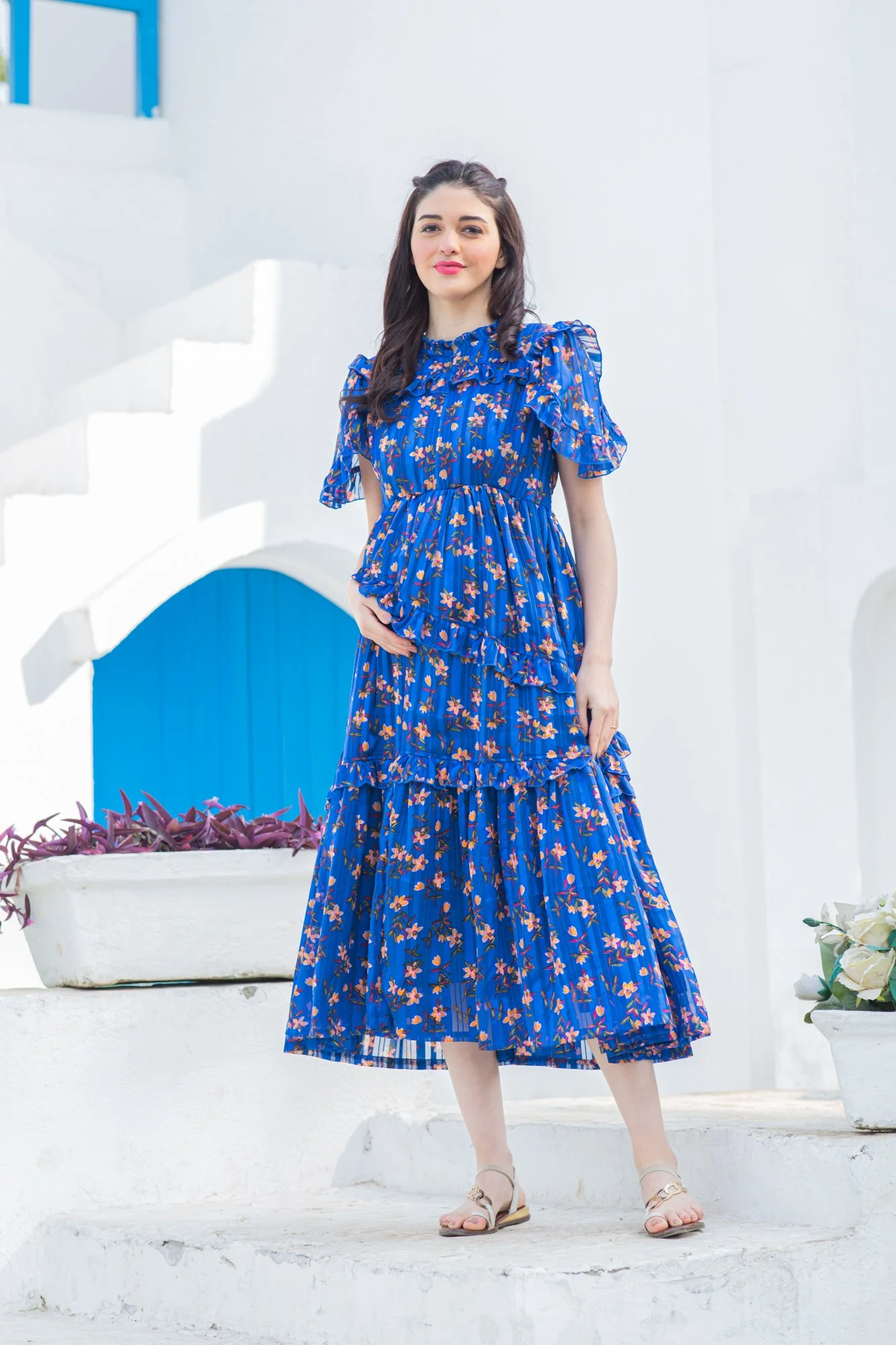 Royal Blue Mist Maternity & Nursing Frill Dress - Chenance