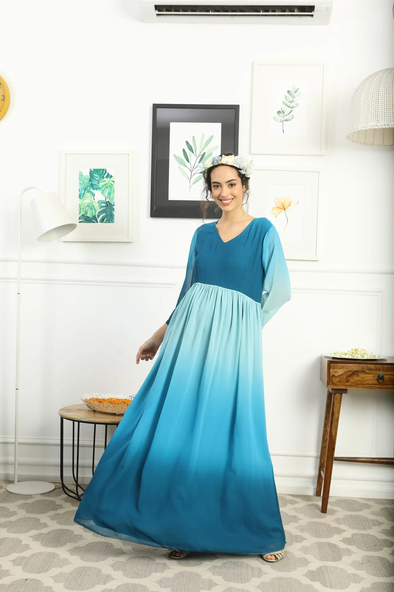 Paradise Blue Monochromatic Maternity Flow Maxi Dress - Chenance