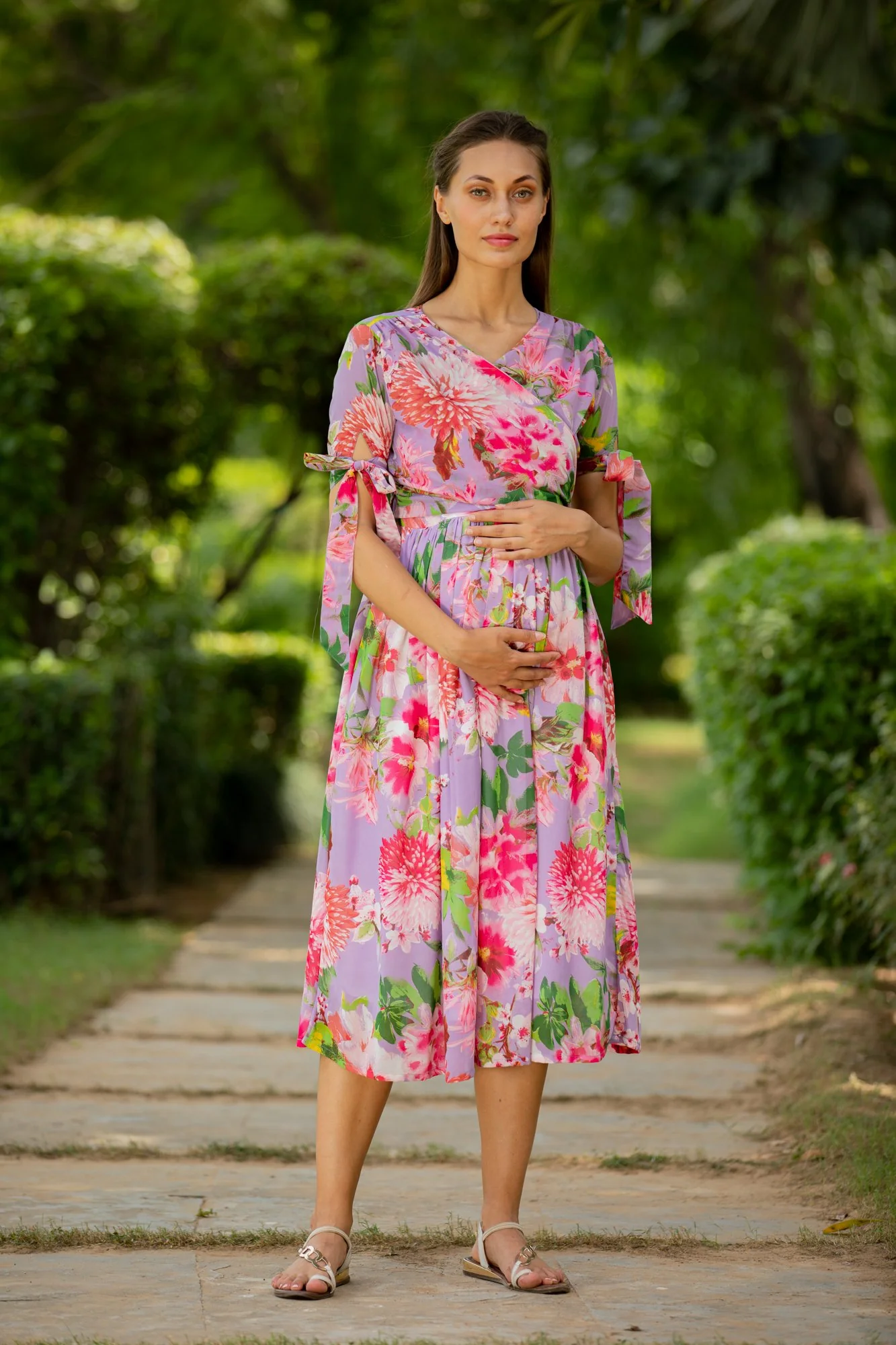 Lavender Bloom Maternity & Nursing Midi Wrap Dress - Chenance